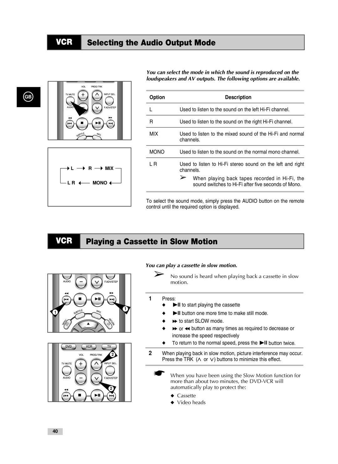 Samsung V70, V85, V80 Selecting the Audio Output Mode, Playing a Cassette in Slow Motion, Option Description 