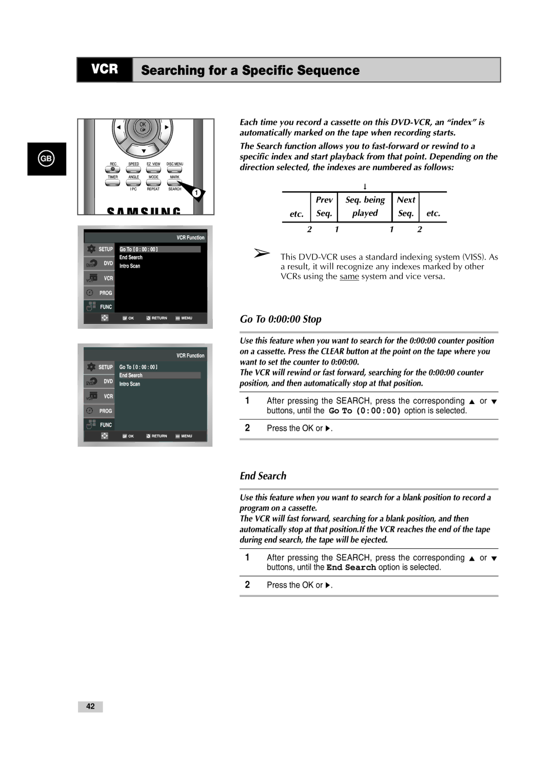 Samsung V85, V70, V80 instruction manual Next, Seq. etc, After pressing the SEARCH, press the corresponding or 