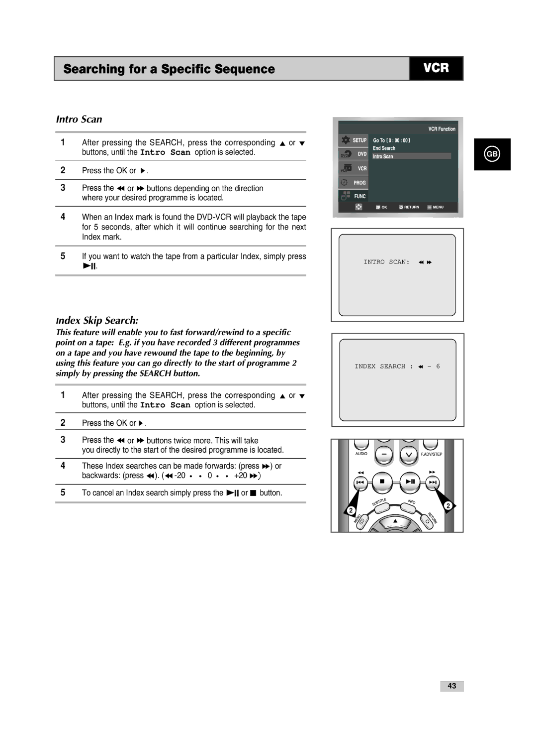 Samsung V70, V85 Searching for a Specific Sequence, Buttons, until the Intro Scan option is selected, +20, II or button 