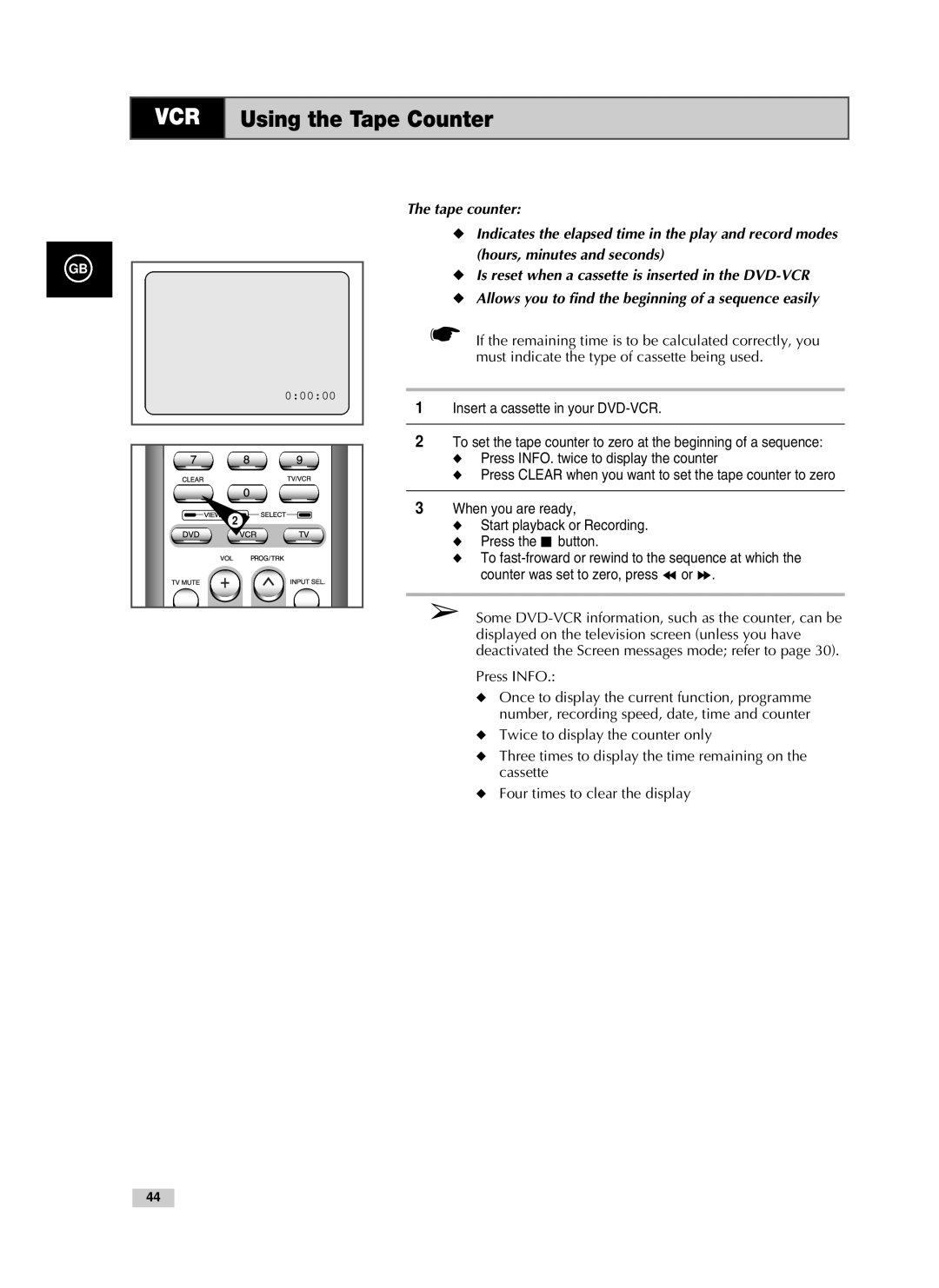 Samsung V80, V85, V70 instruction manual VCR Using the Tape Counter, Press Info 