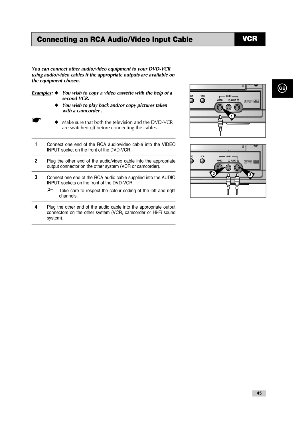 Samsung V85, V70, V80 instruction manual Connecting an RCA Audio/Video Input Cable 