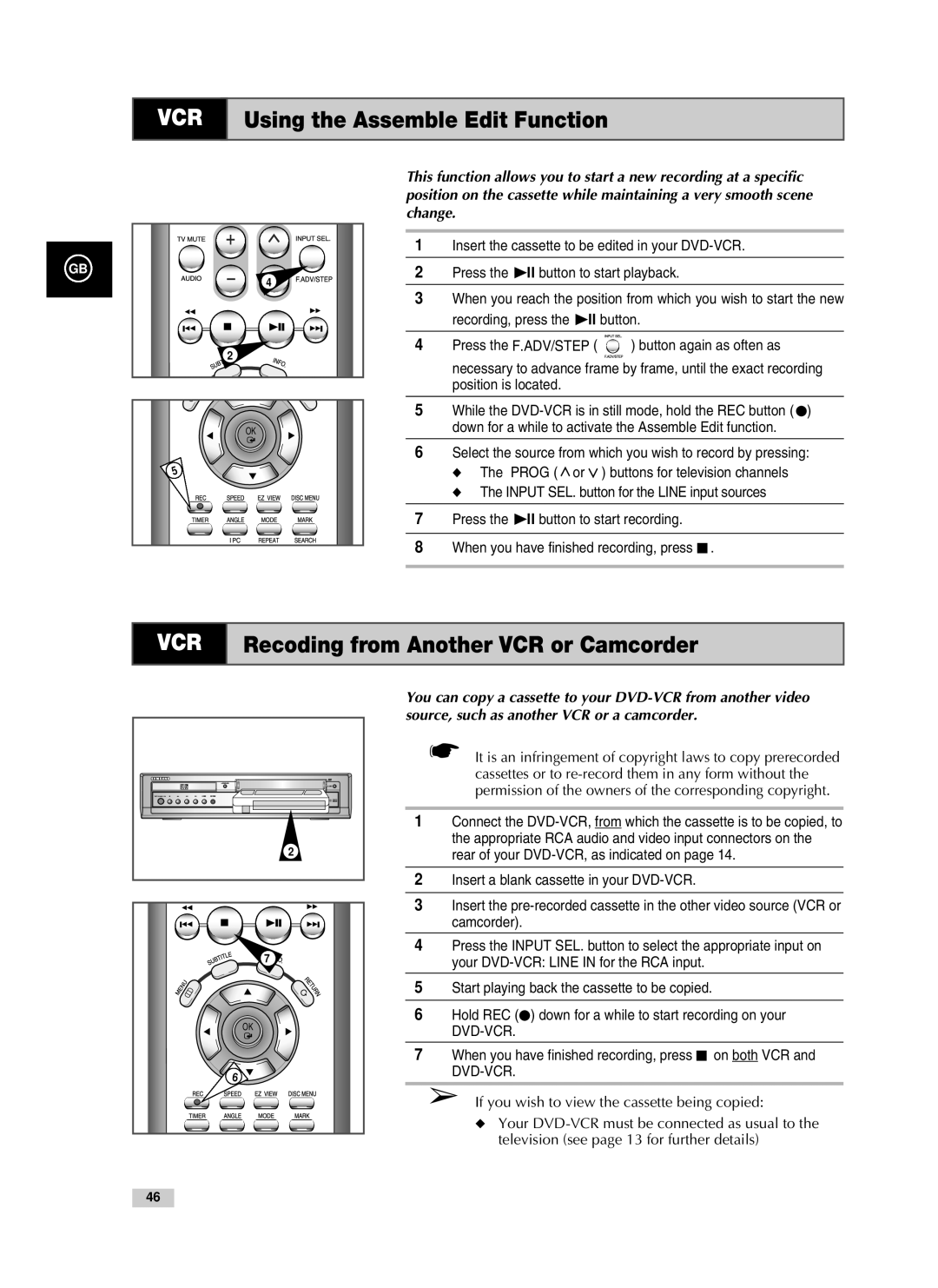 Samsung V70, V85, V80 instruction manual VCR Recoding from Another VCR or Camcorder, Using the Assemble Edit Function 