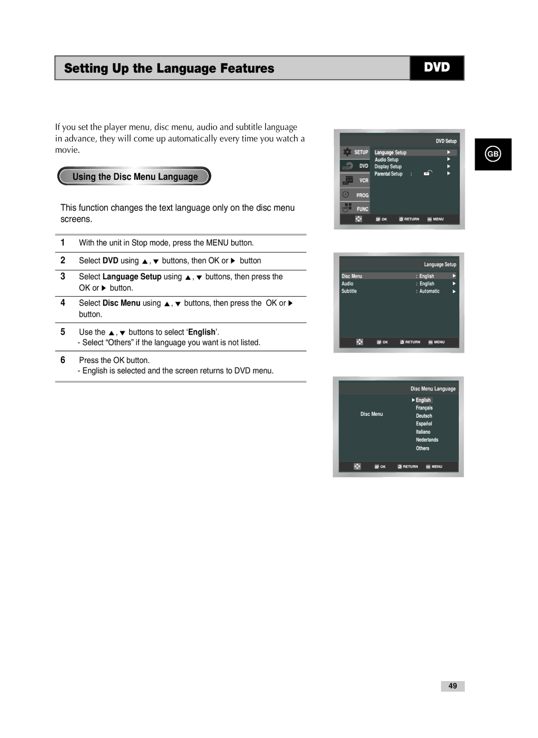 Samsung V70, V85, V80 instruction manual Setting Up the Language Features, Using the Disc Menu Language 