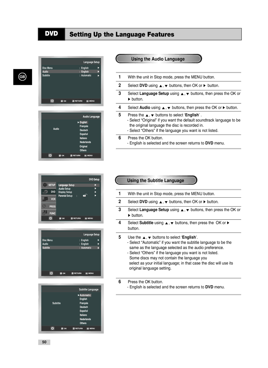 Samsung V80, V85, V70 Using the Audio Language, Using the Subtitle Language, Press the , buttons to select ‘English’ 