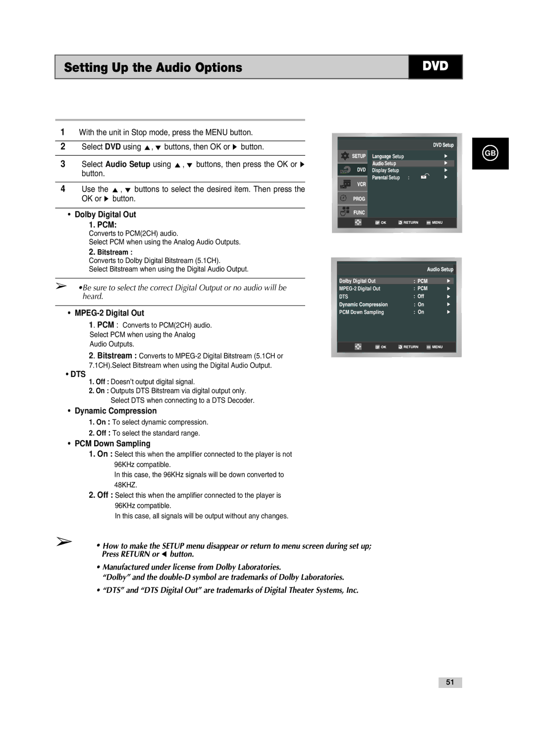 Samsung V85, V70, V80 Setting Up the Audio Options, Dolby Digital Out PCM, MPEG-2 Digital Out, Dynamic Compression 