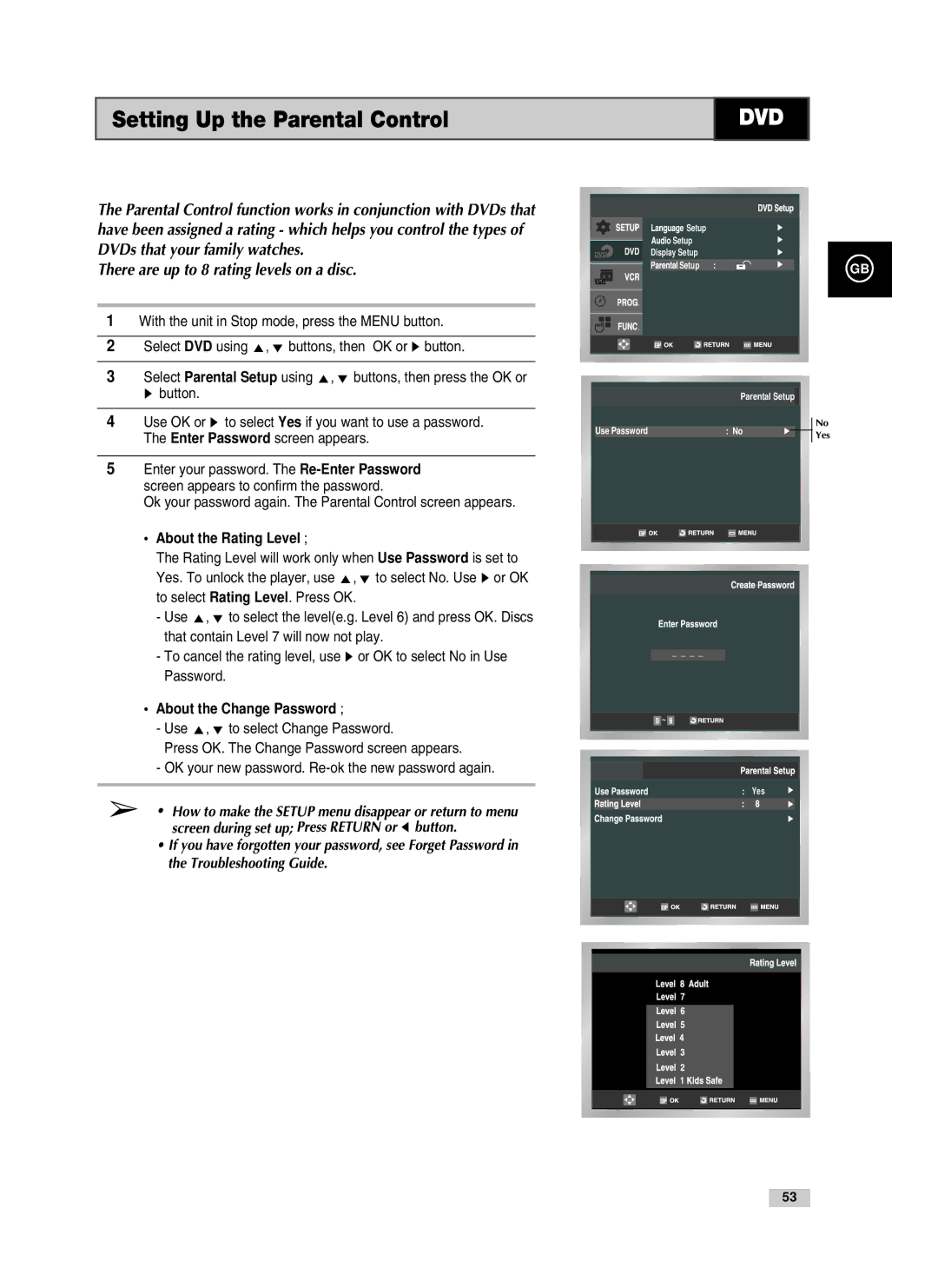 Samsung V80, V85, V70 instruction manual Setting Up the Parental Control, About the Rating Level, About the Change Password 