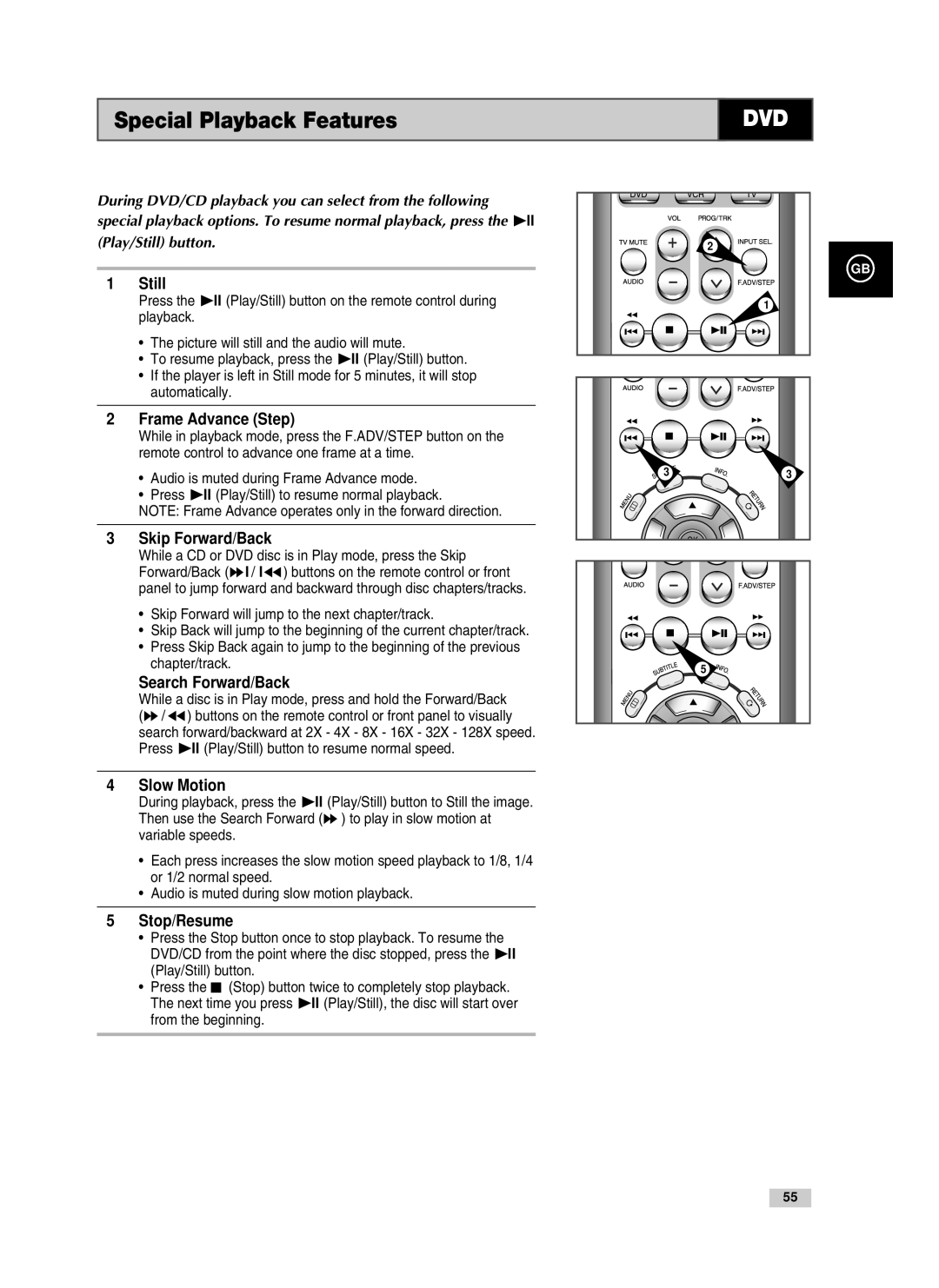 Samsung V70, V85, V80 Still, Frame Advance Step, Skip Forward/Back, Search Forward/Back, Slow Motion, Stop/Resume 