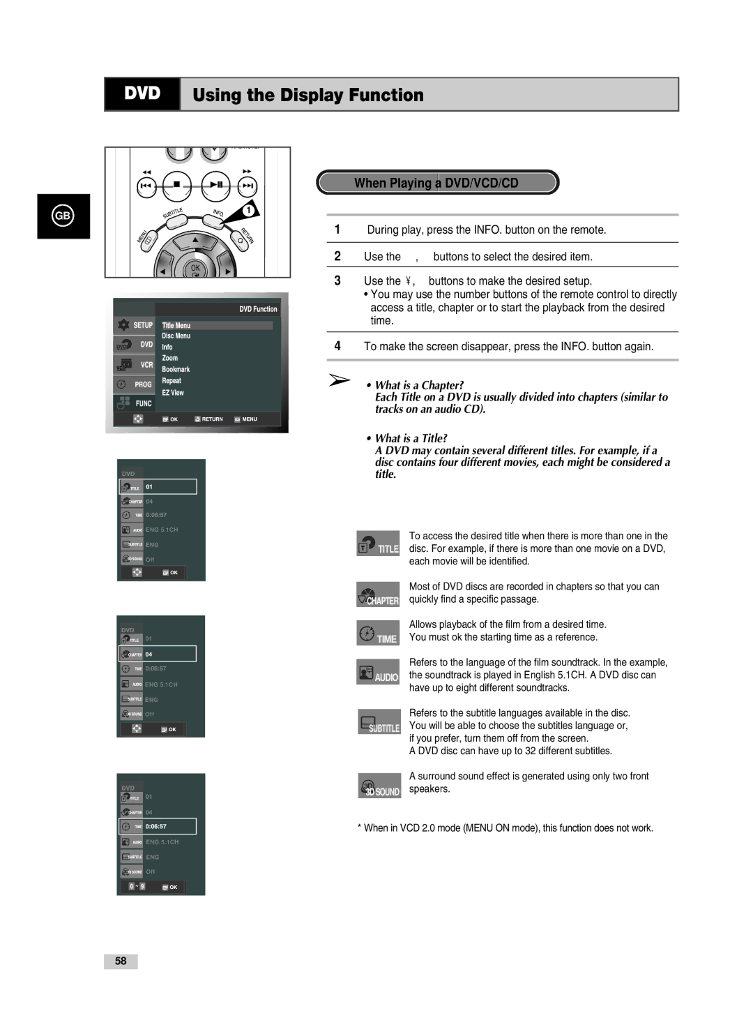 Samsung V70, V85, V80 instruction manual DVD Using the Display Function, When Playing a DVD/VCD/CD 