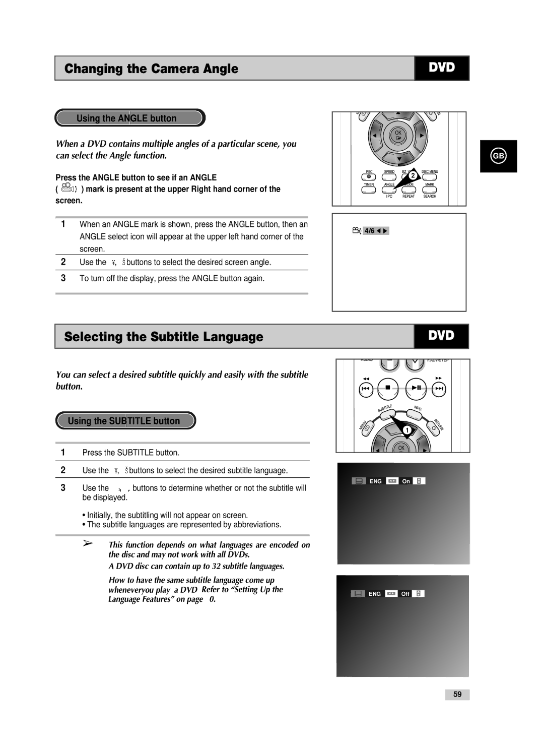 Samsung V80, V85, V70 Using the Angle button, Using the Subtitle button, DVD disc can contain up to 32 subtitle languages 