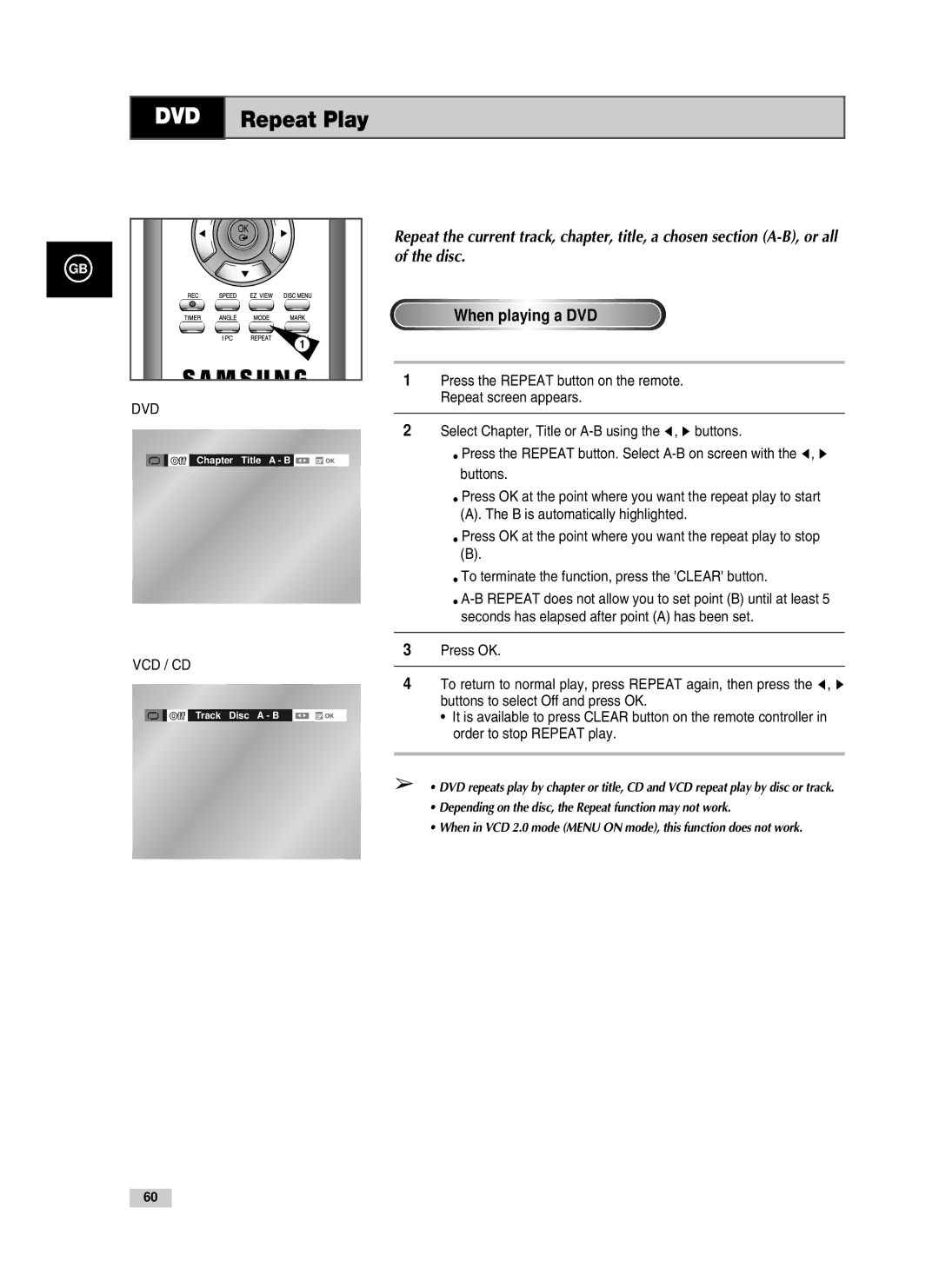 Samsung V85, V70, V80 instruction manual When playing a DVD, Press OK, Buttons to select Off and press OK 