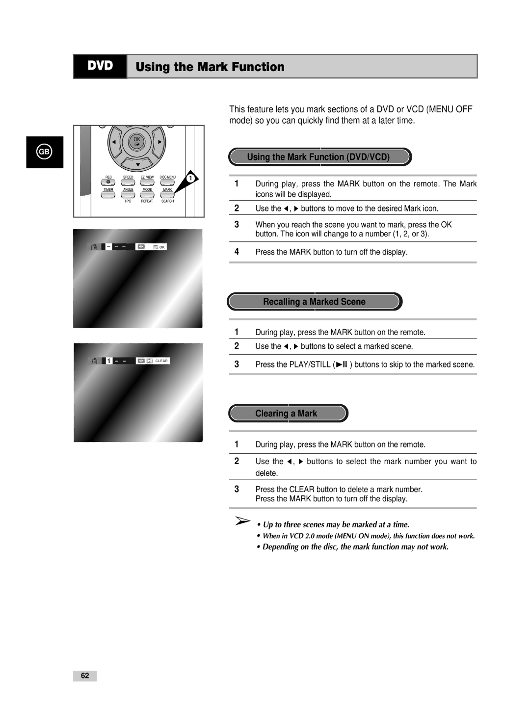 Samsung V80, V85 DVD Using the Mark Function, Using the Mark Function DVD/VCD, Recalling a Marked Scene, Clearing a Mark 