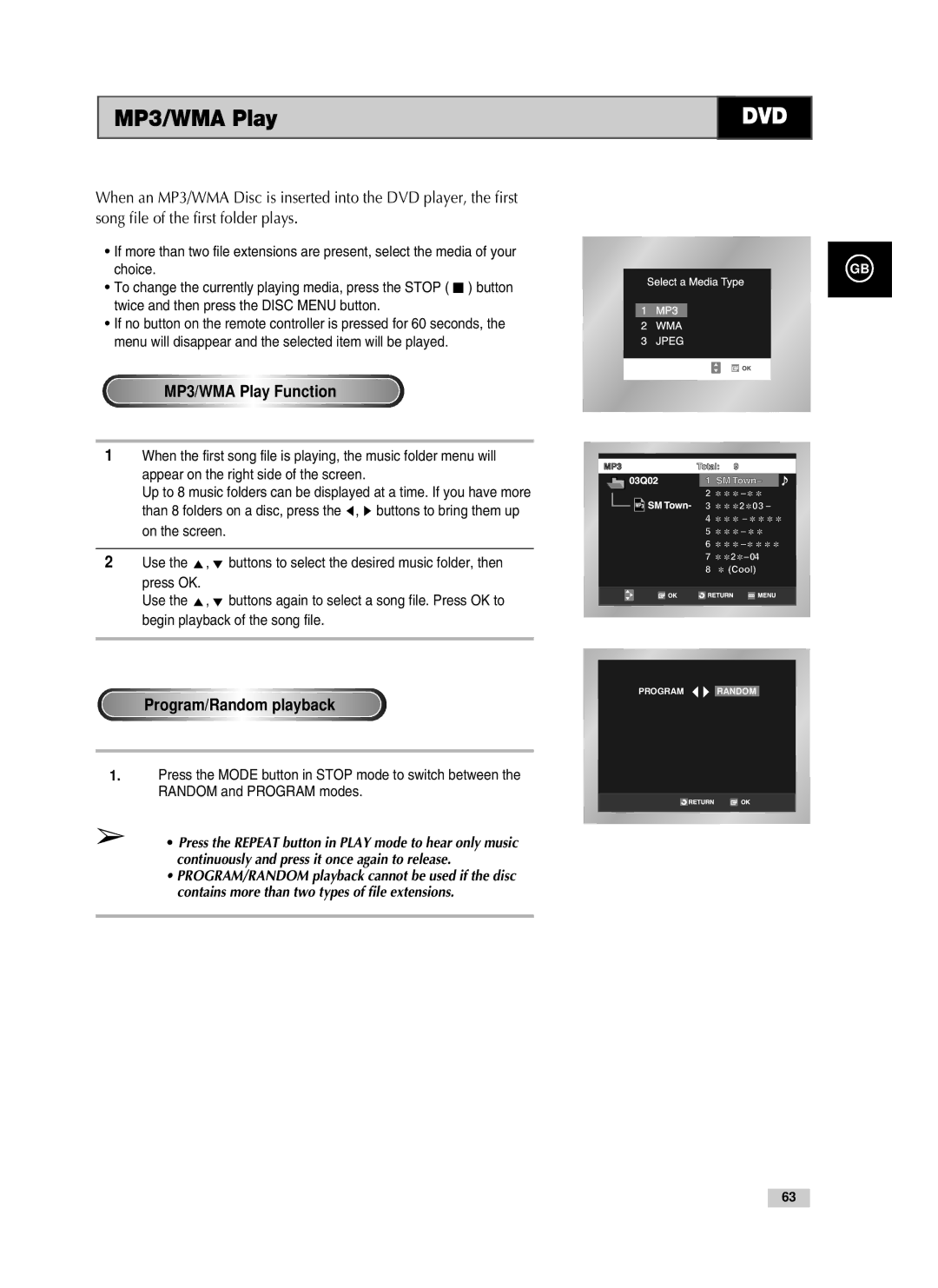 Samsung V85, V70, V80 instruction manual MP3/WMA Play Function, Program/Random playback, Begin playback of the song file 