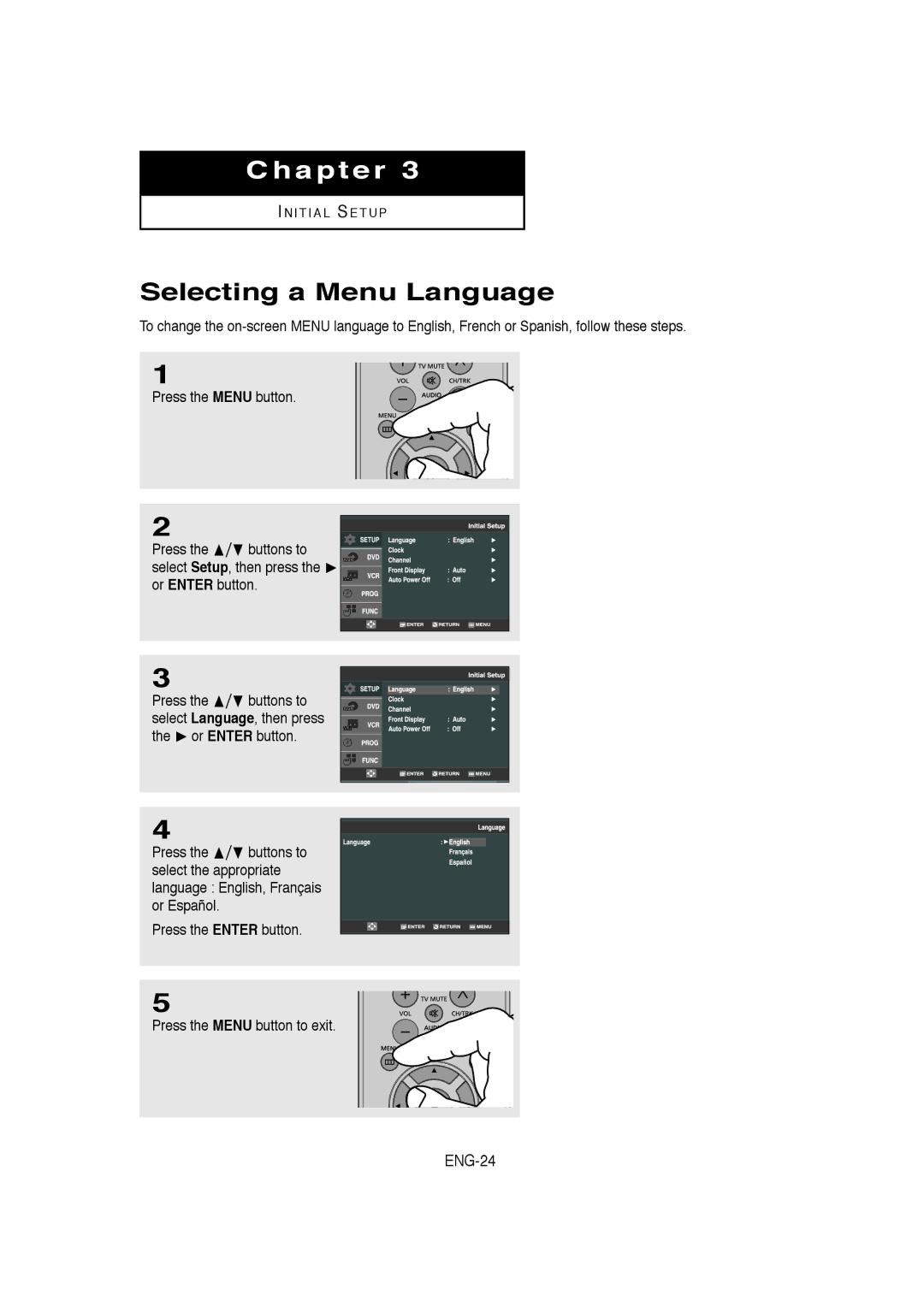 Samsung V9650-XAC, 20060509084435281, AK68-00956L/01 instruction manual Selecting a Menu Language, ENG-24 