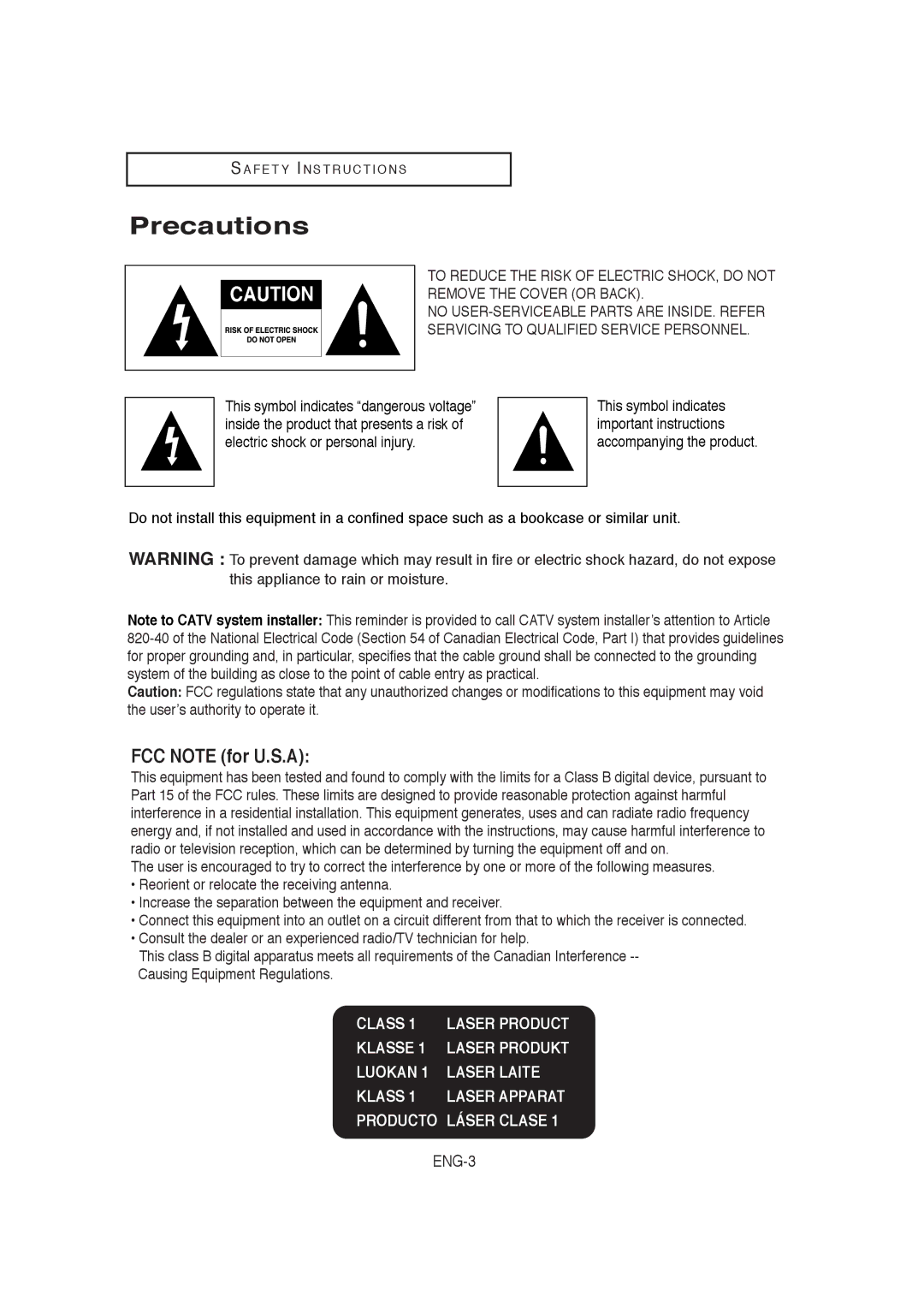 Samsung V9650-XAC, 20060509084435281, AK68-00956L/01 instruction manual Precautions, FCC Note for U.S.A 