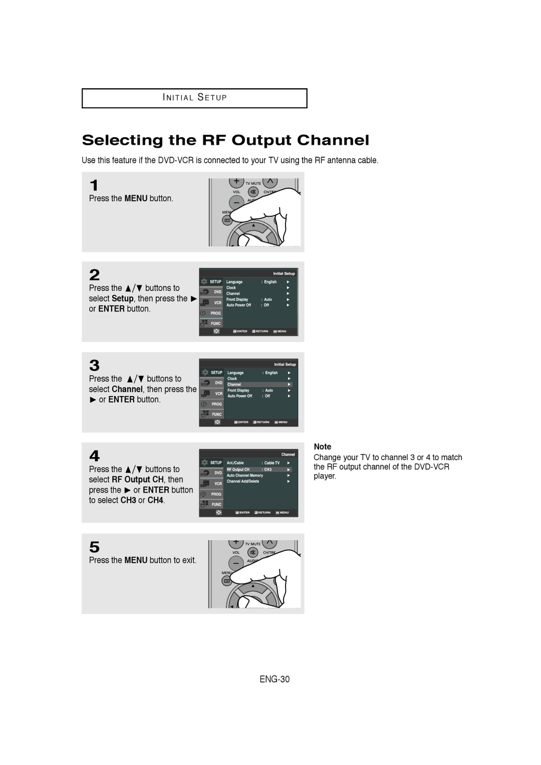 Samsung AK68-00956L/01, V9650-XAC, 20060509084435281 Selecting the RF Output Channel, ENG-30, To select CH3 or CH4 