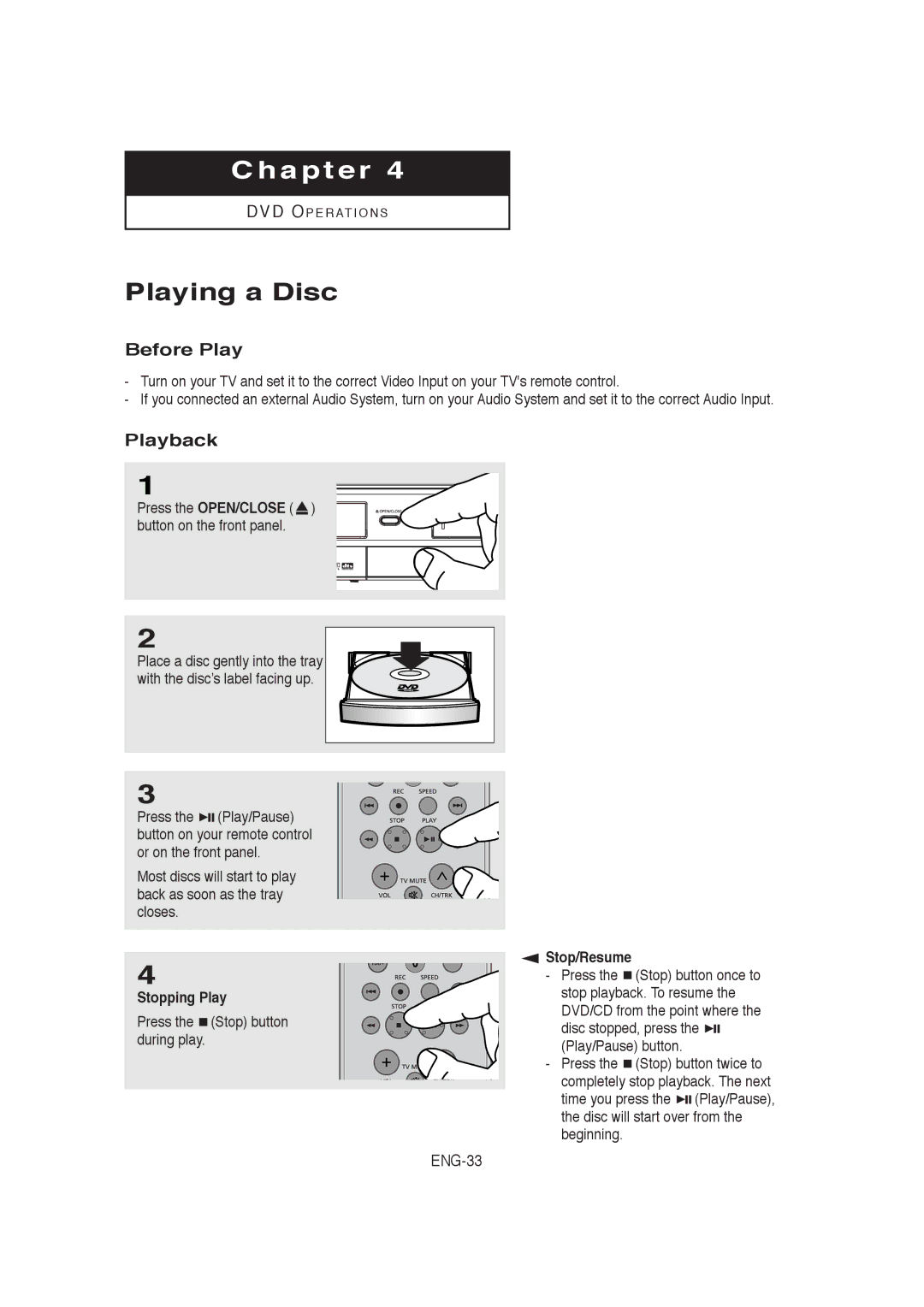 Samsung 20060509084435281, V9650-XAC, AK68-00956L/01 instruction manual Playing a Disc, Before Play, Playback, ENG-33 