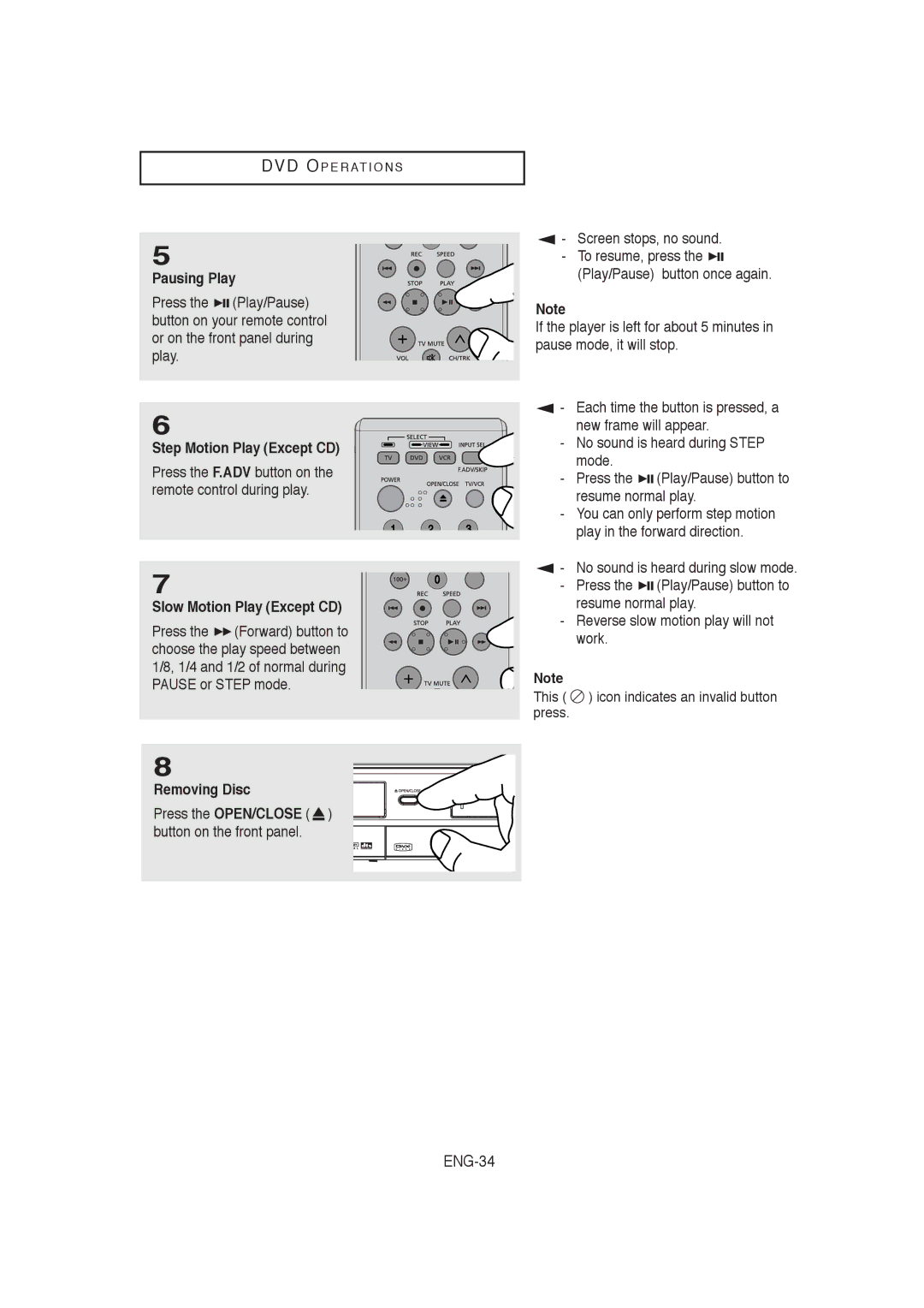 Samsung AK68-00956L/01 ENG-34, Pausing Play, Step Motion Play Except CD, Slow Motion Play Except CD, Removing Disc 