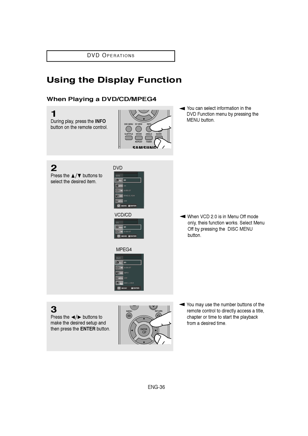 Samsung V9650-XAC, 20060509084435281, AK68-00956L/01 Using the Display Function, When Playing a DVD/CD/MPEG4, ENG-36 