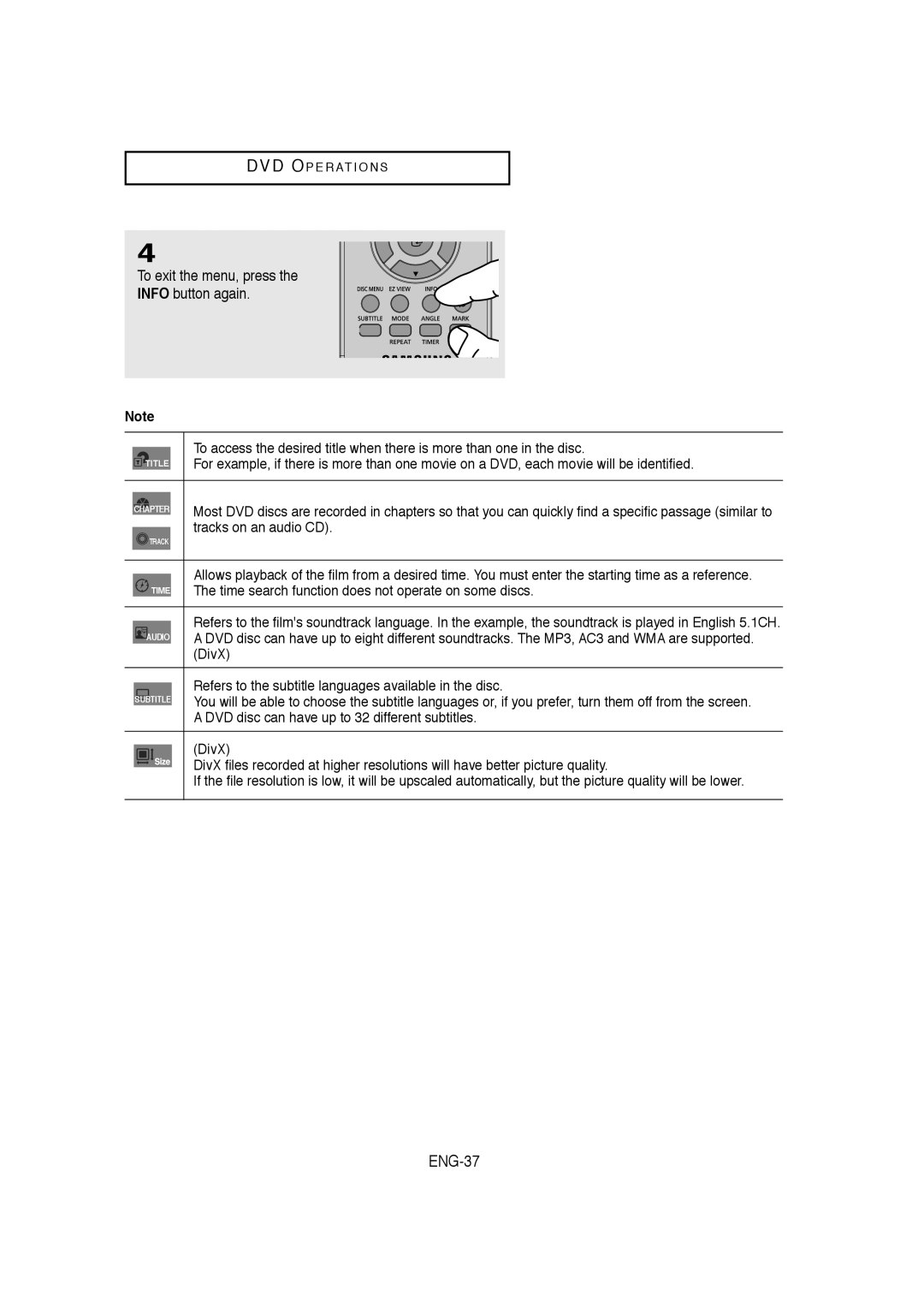 Samsung 20060509084435281, V9650-XAC, AK68-00956L/01 instruction manual ENG-37, To exit the menu, press Info button again 