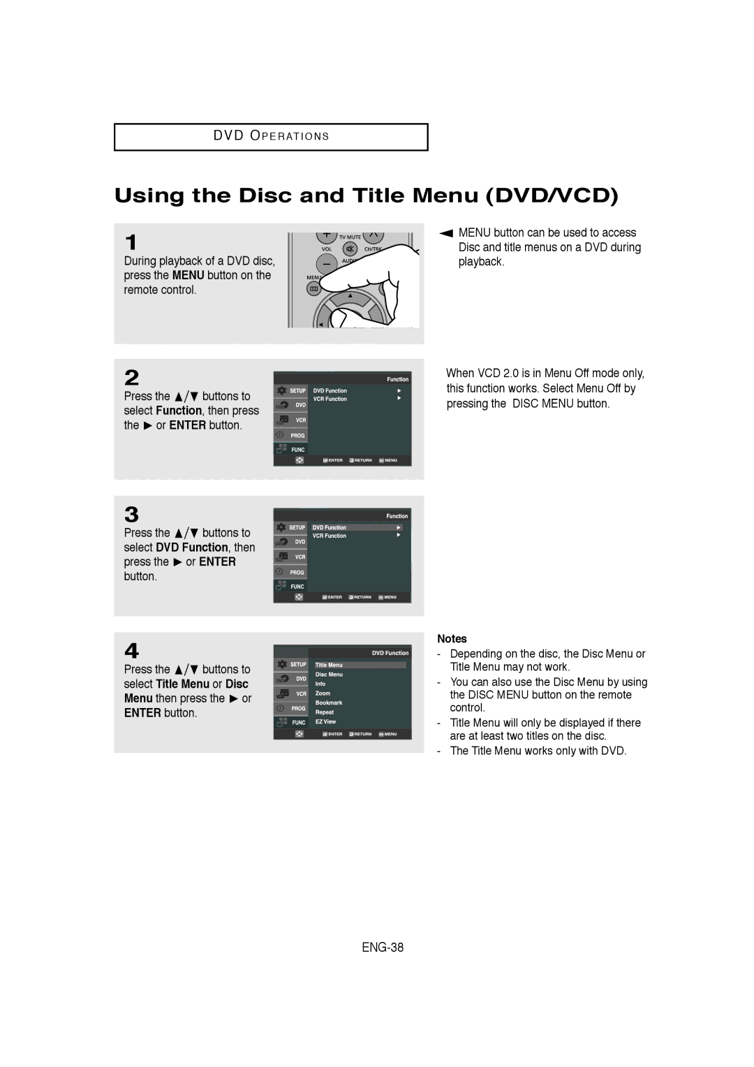 Samsung AK68-00956L/01, V9650-XAC, 20060509084435281 instruction manual Using the Disc and Title Menu DVD/VCD, ENG-38 