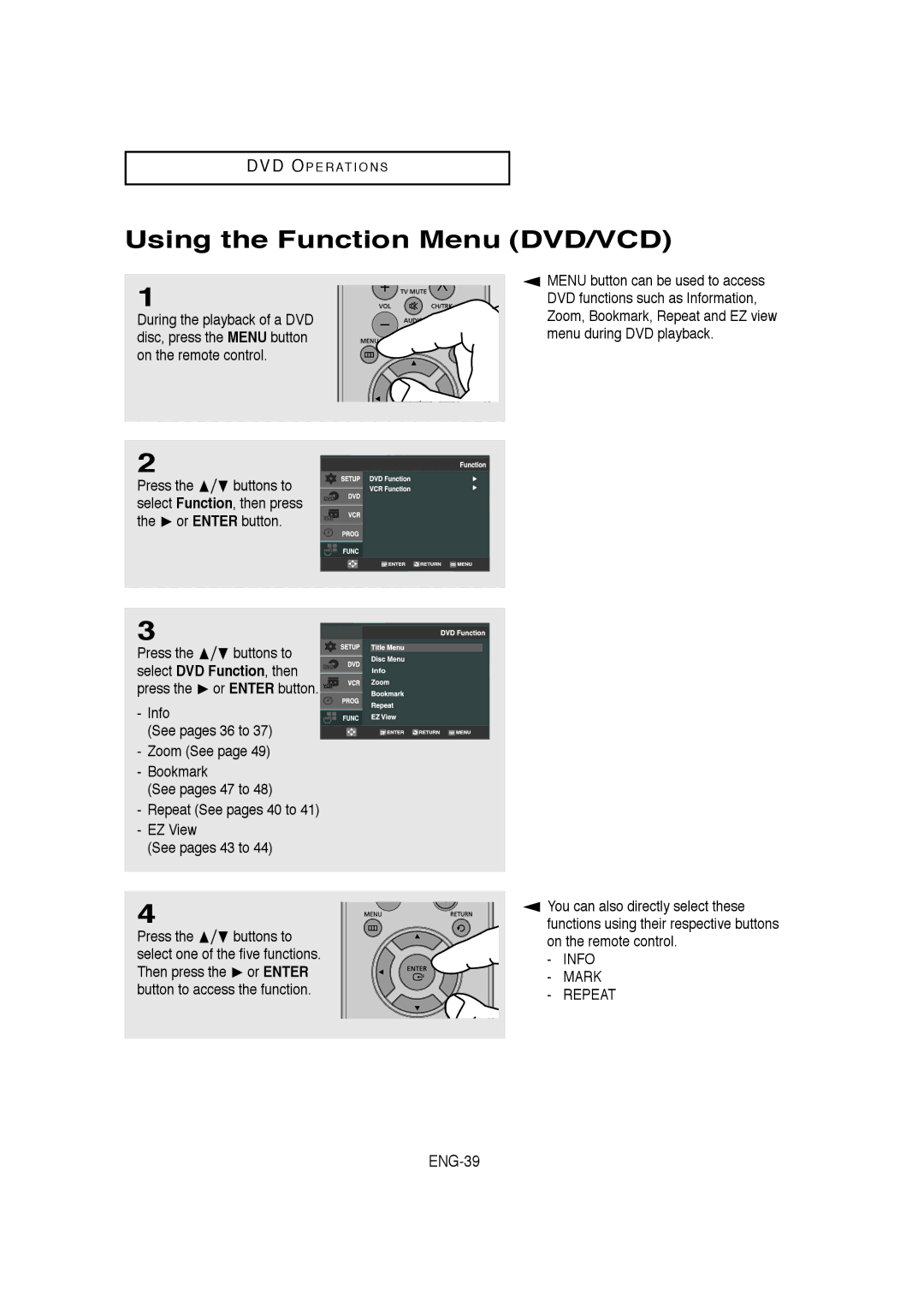 Samsung V9650-XAC, 20060509084435281, AK68-00956L/01 Using the Function Menu DVD/VCD, ENG-39, Press Buttons to, Info 