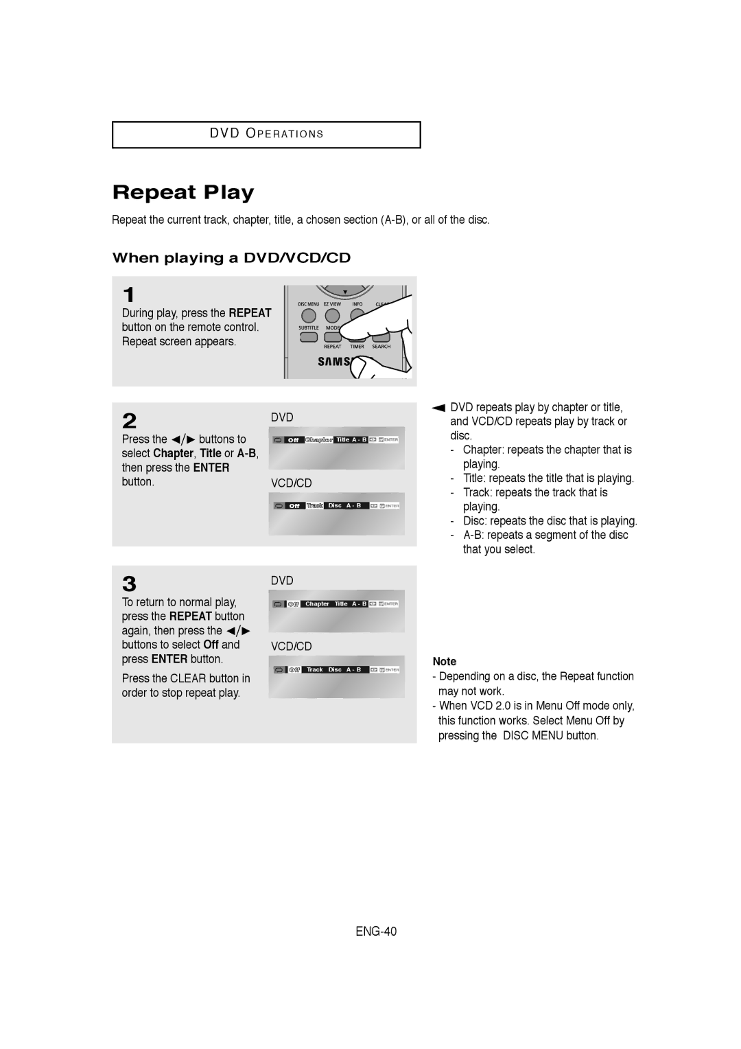 Samsung V9650-XAC, 20060509084435281, 00956L Repeat Play, When playing a DVD/VCD/CD, ENG-40, Pressing the Disc Menu button 