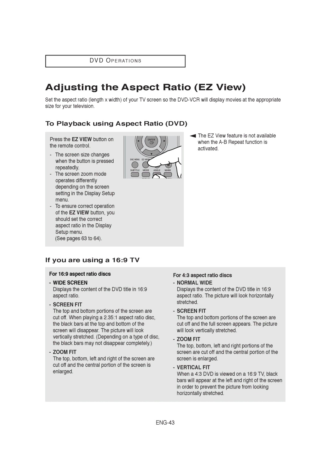 Samsung 00956L Adjusting the Aspect Ratio EZ View, To Playback using Aspect Ratio DVD, If you are using a 169 TV, ENG-43 