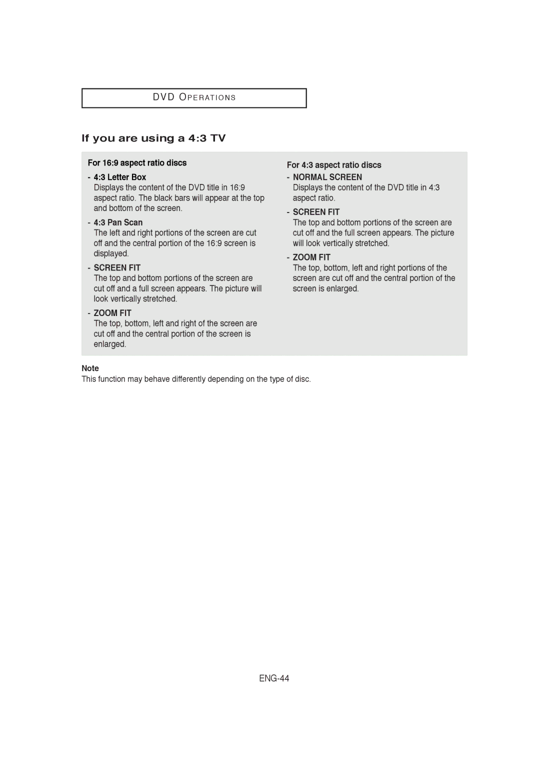 Samsung V9650-XAC, 20060509084435281 If you are using a 43 TV, ENG-44, For 169 aspect ratio discs Letter Box, Pan Scan 