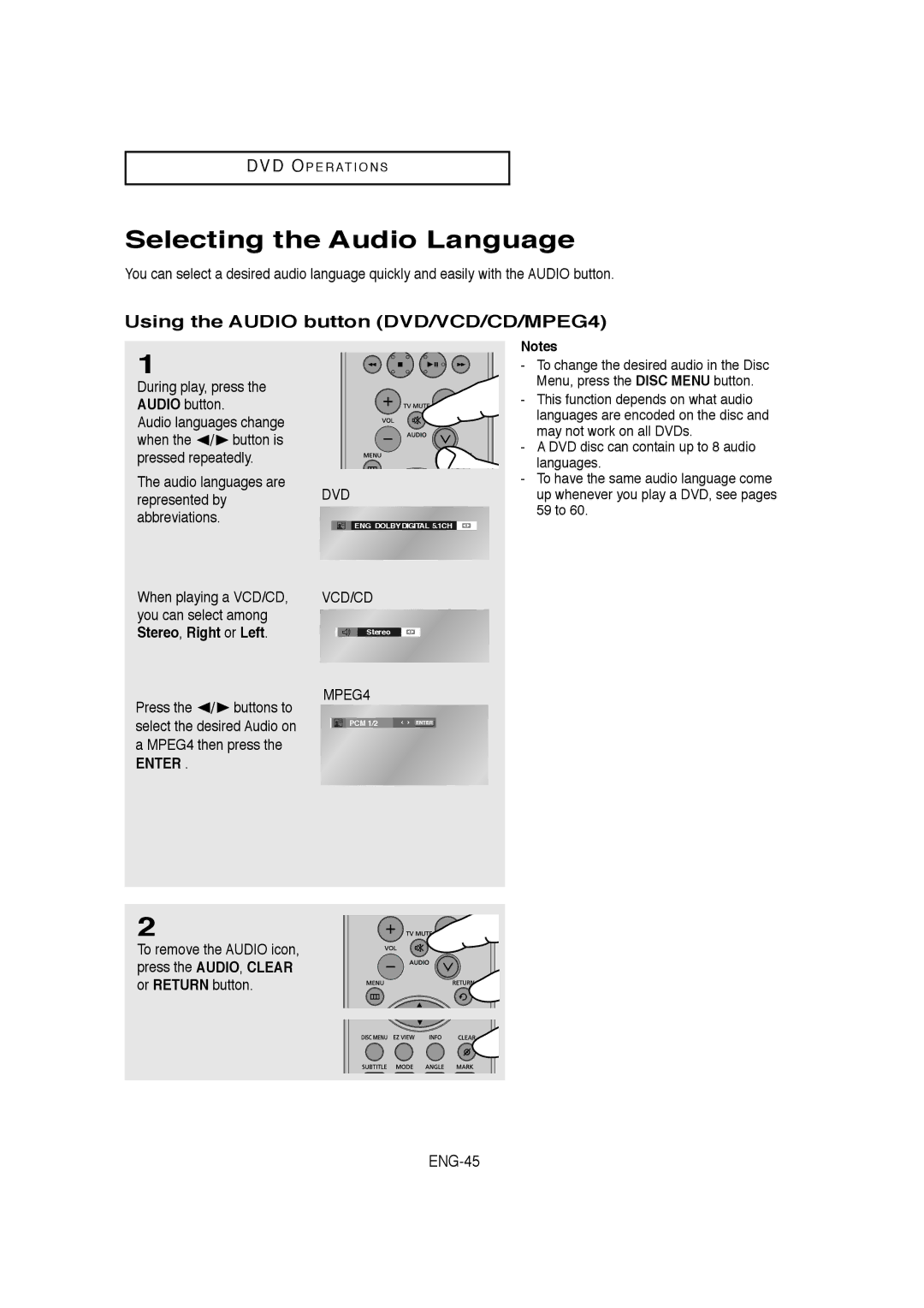 Samsung 20060509084435281, V9650-XAC, 00956L Selecting the Audio Language, Using the Audio button DVD/VCD/CD/MPEG4, ENG-45 