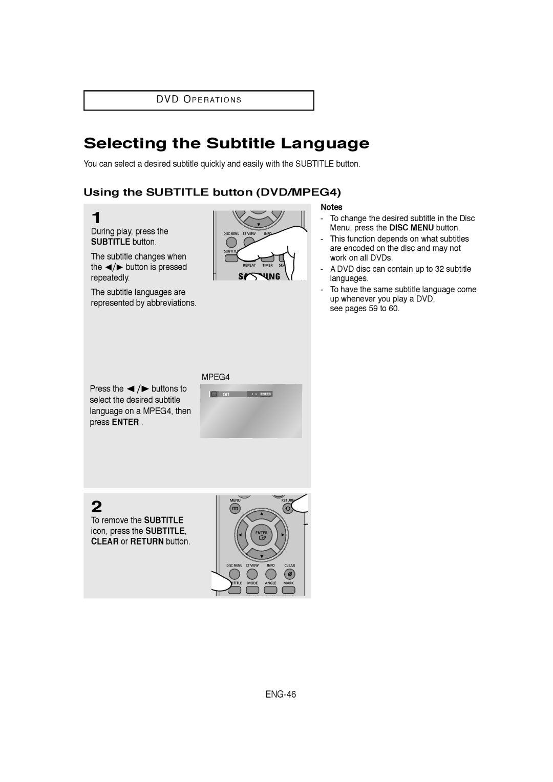 Samsung AK68-00956L/01 Selecting the Subtitle Language, Using the Subtitle button DVD/MPEG4, ENG-46, During play, press 