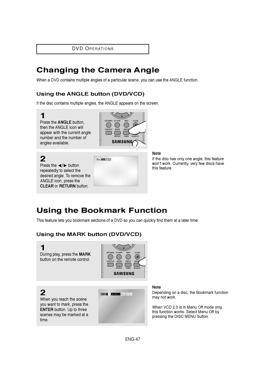 Samsung 00956L, V9650-XAC Changing the Camera Angle, Using the Bookmark Function, Using the Angle button DVD/VCD, ENG-47 