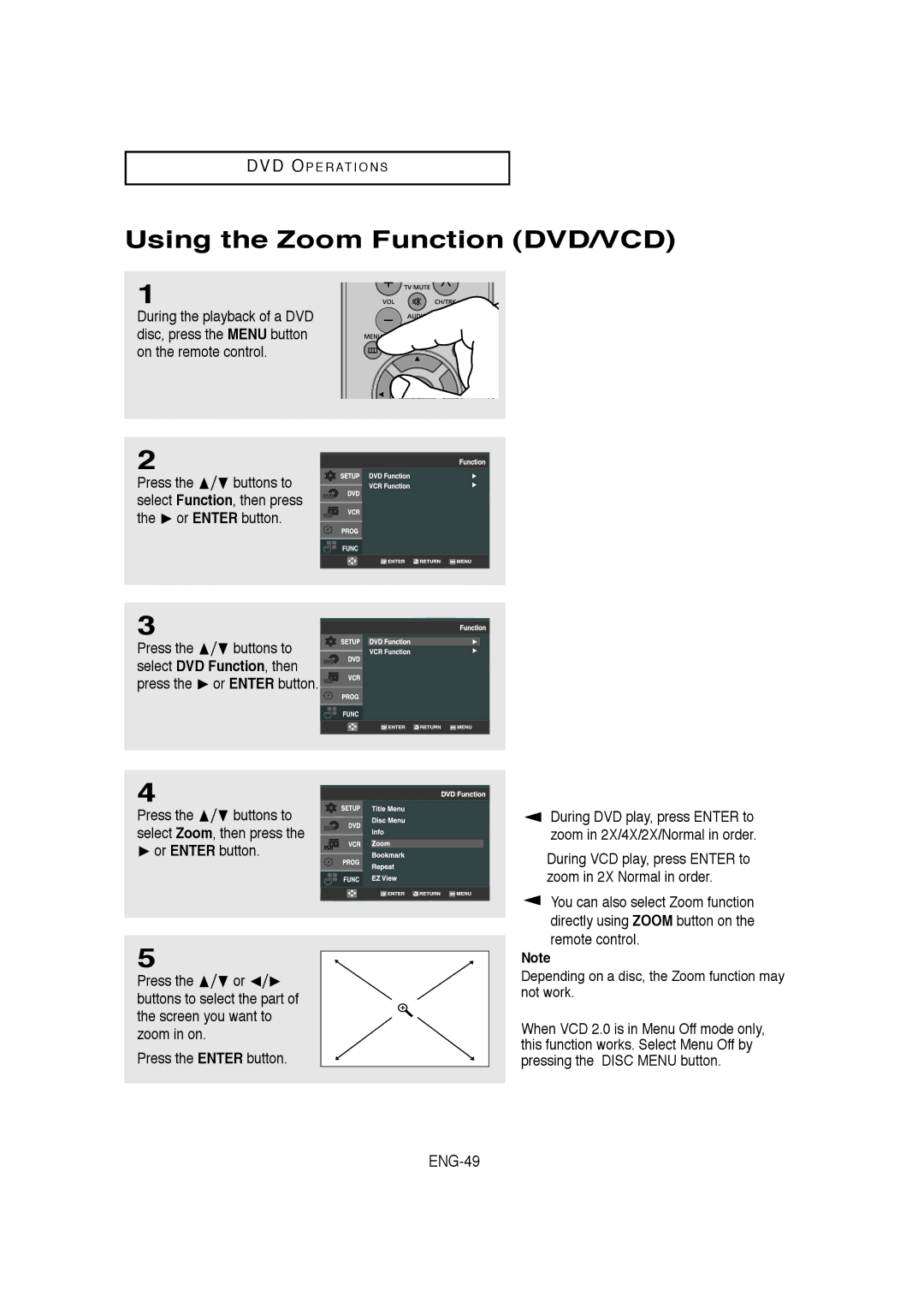 Samsung 20060509084435281, V9650-XAC, 00956L Using the Zoom Function DVD/VCD, ENG-49, Press  buttons to, Remote control 