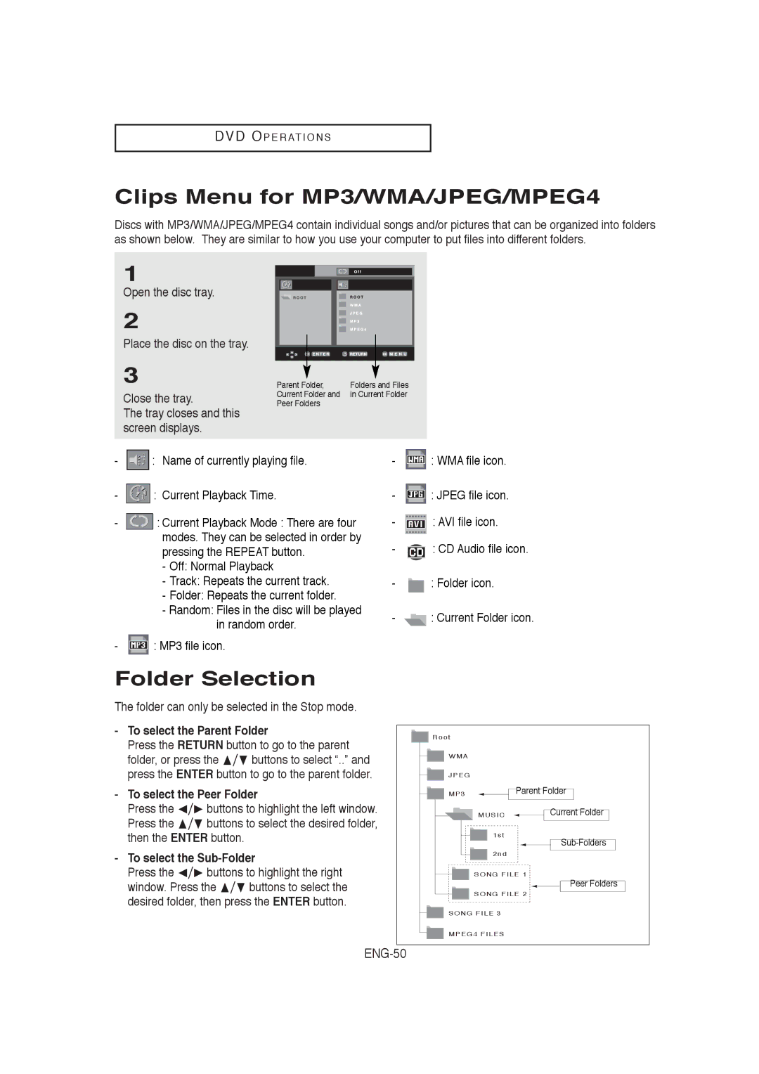 Samsung AK68-00956L/01, V9650-XAC, 20060509084435281 Clips Menu for MP3/WMA/JPEG/MPEG4, Folder Selection, ENG-50 