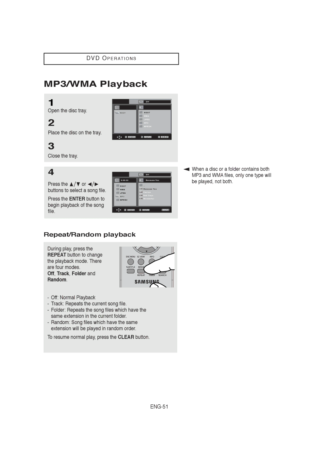 Samsung 00956L, V9650-XAC, 20060509084435281 MP3/WMA Playback, Repeat/Random playback, ENG-51, Off, Track, Folder Random 