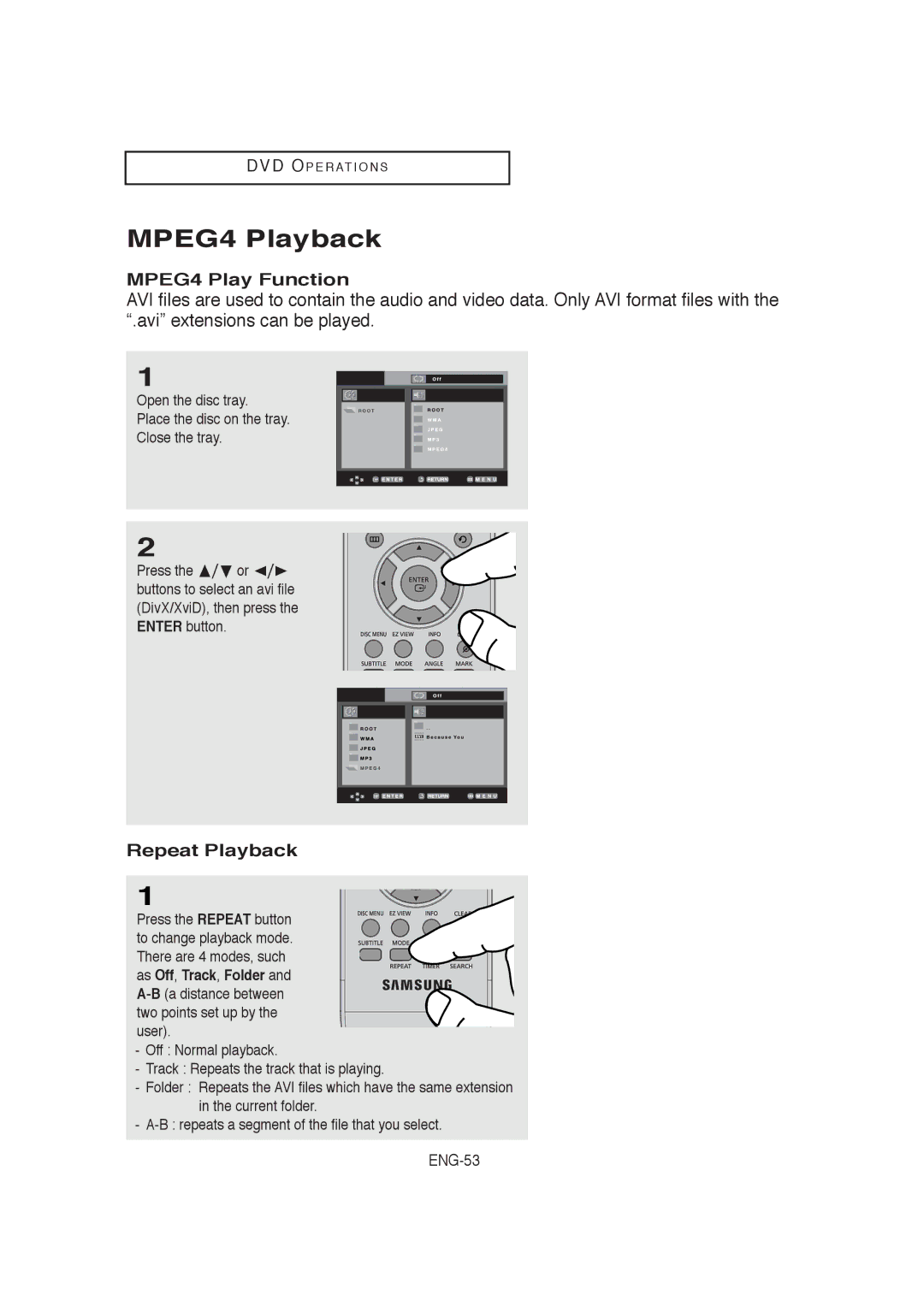 Samsung 20060509084435281, V9650-XAC, AK68-00956L/01 MPEG4 Playback, MPEG4 Play Function, Repeat Playback, ENG-53 