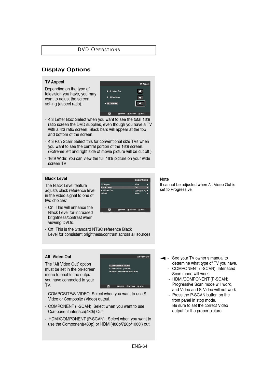 Samsung V9650-XAC, 20060509084435281, AK68-00956L/01 instruction manual Display Options, ENG-64, TV Aspect, Alt Video Out 