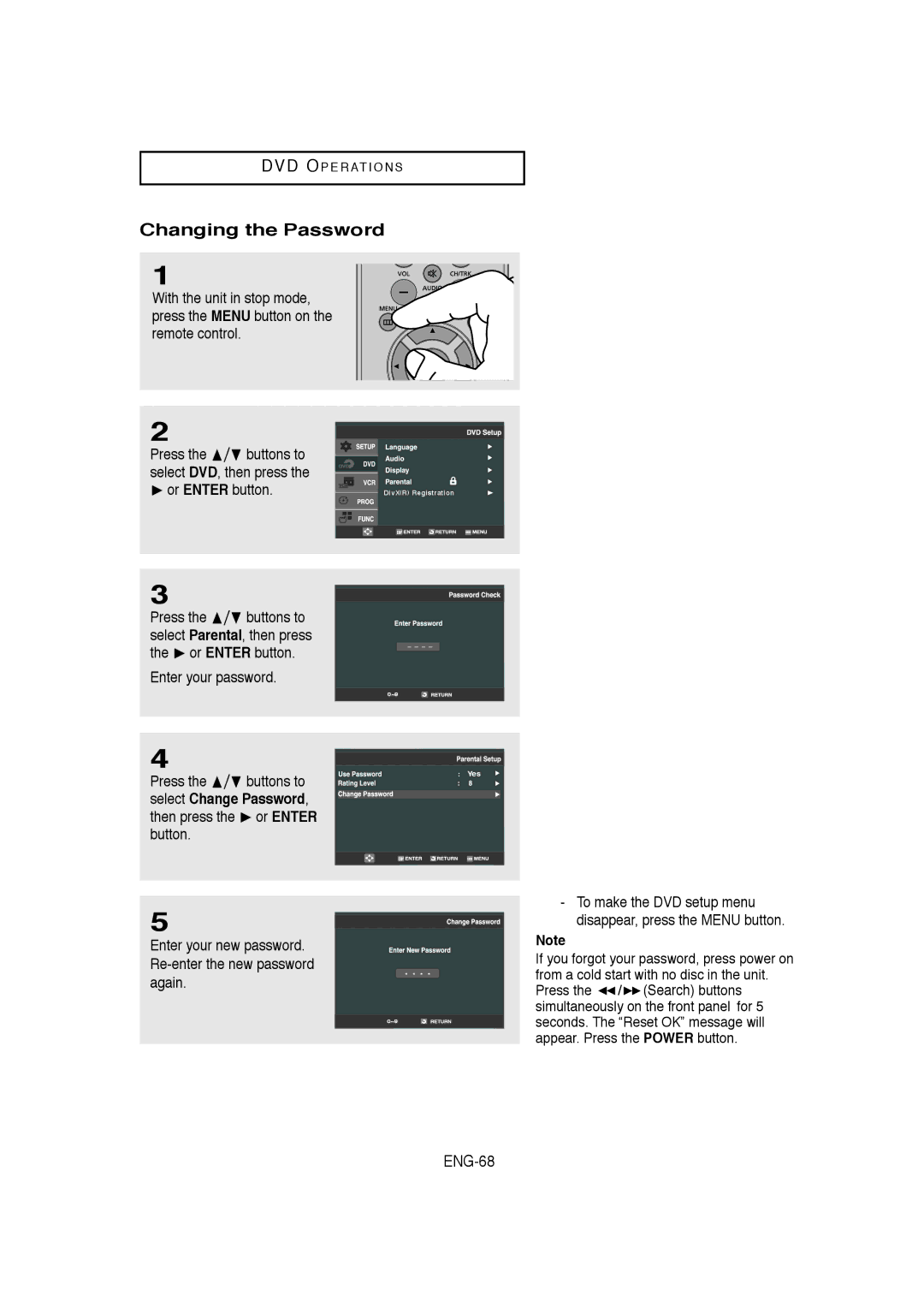 Samsung V9650-XAC Changing the Password, ENG-68, Enter your password Press the  Buttons to, Select Change Password 