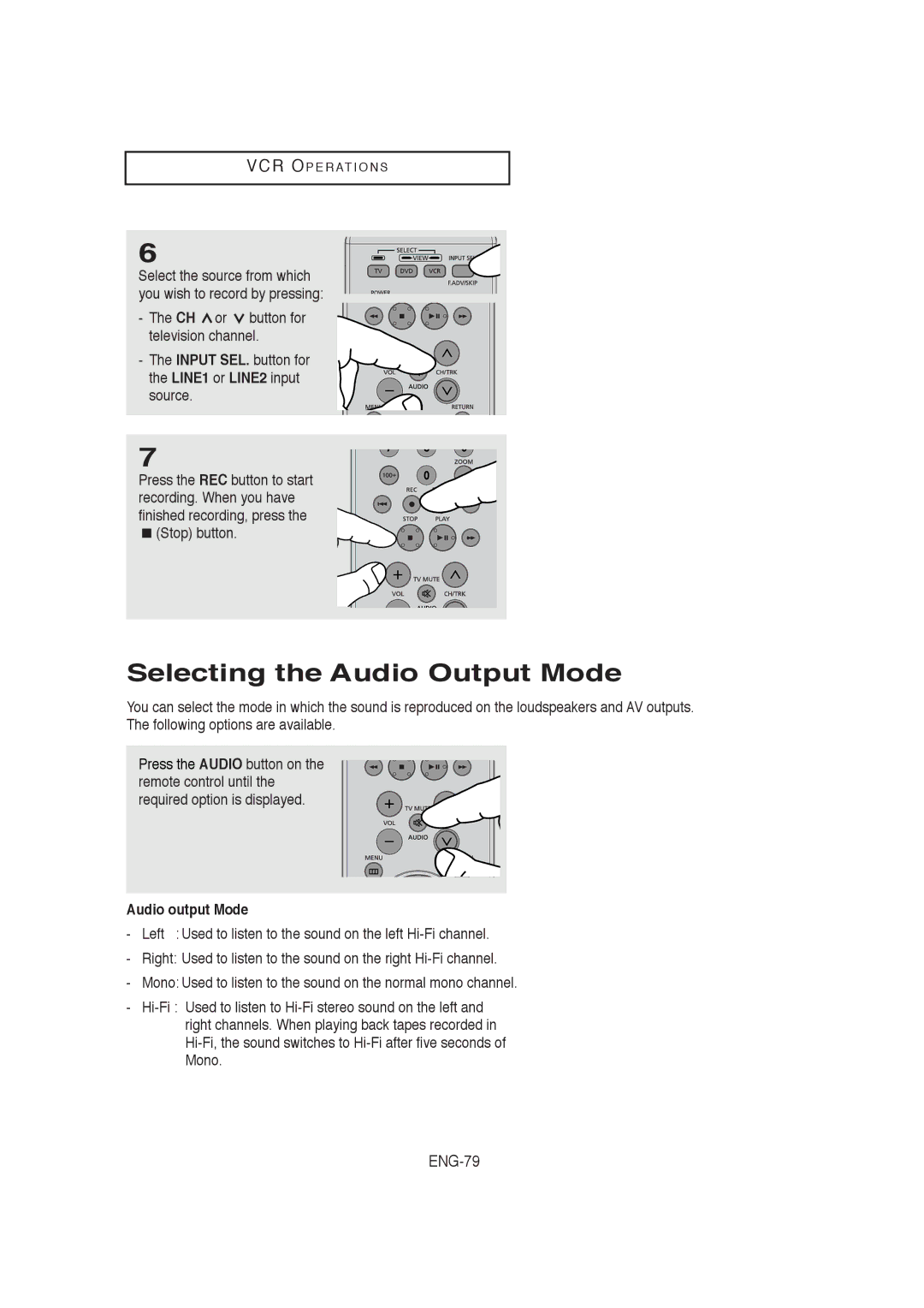 Samsung 00956L Selecting the Audio Output Mode, ENG-79, CH or button for television channel Input SEL. button for 