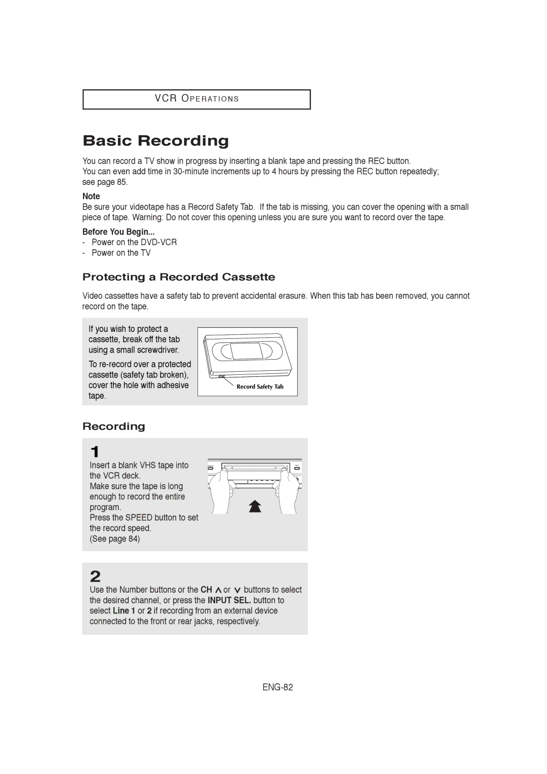 Samsung AK68-00956L/01, V9650-XAC Basic Recording, Protecting a Recorded Cassette, ENG-82, Before You Begin 