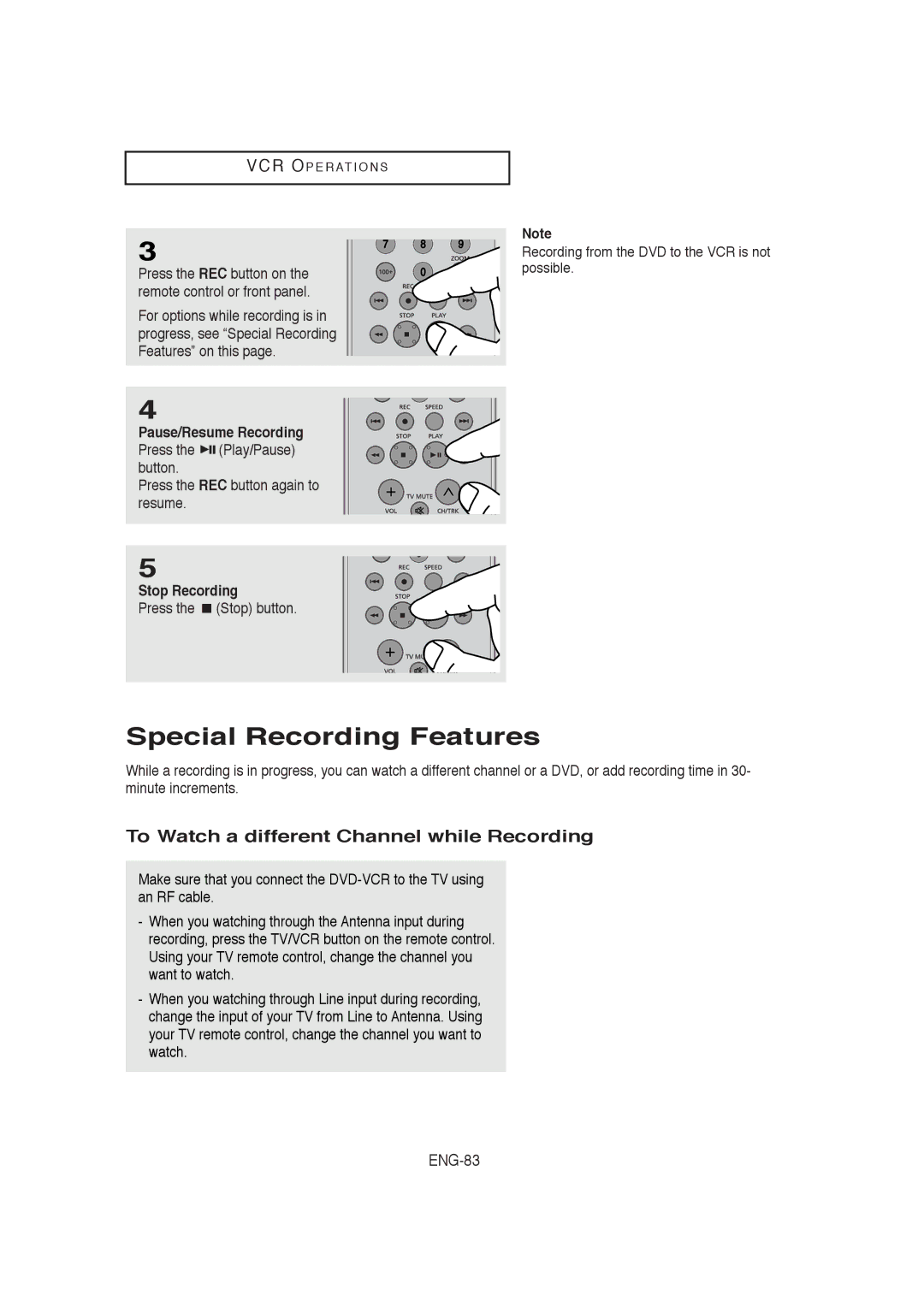 Samsung 00956L, V9650-XAC Special Recording Features, To Watch a different Channel while Recording, ENG-83, Stop Recording 