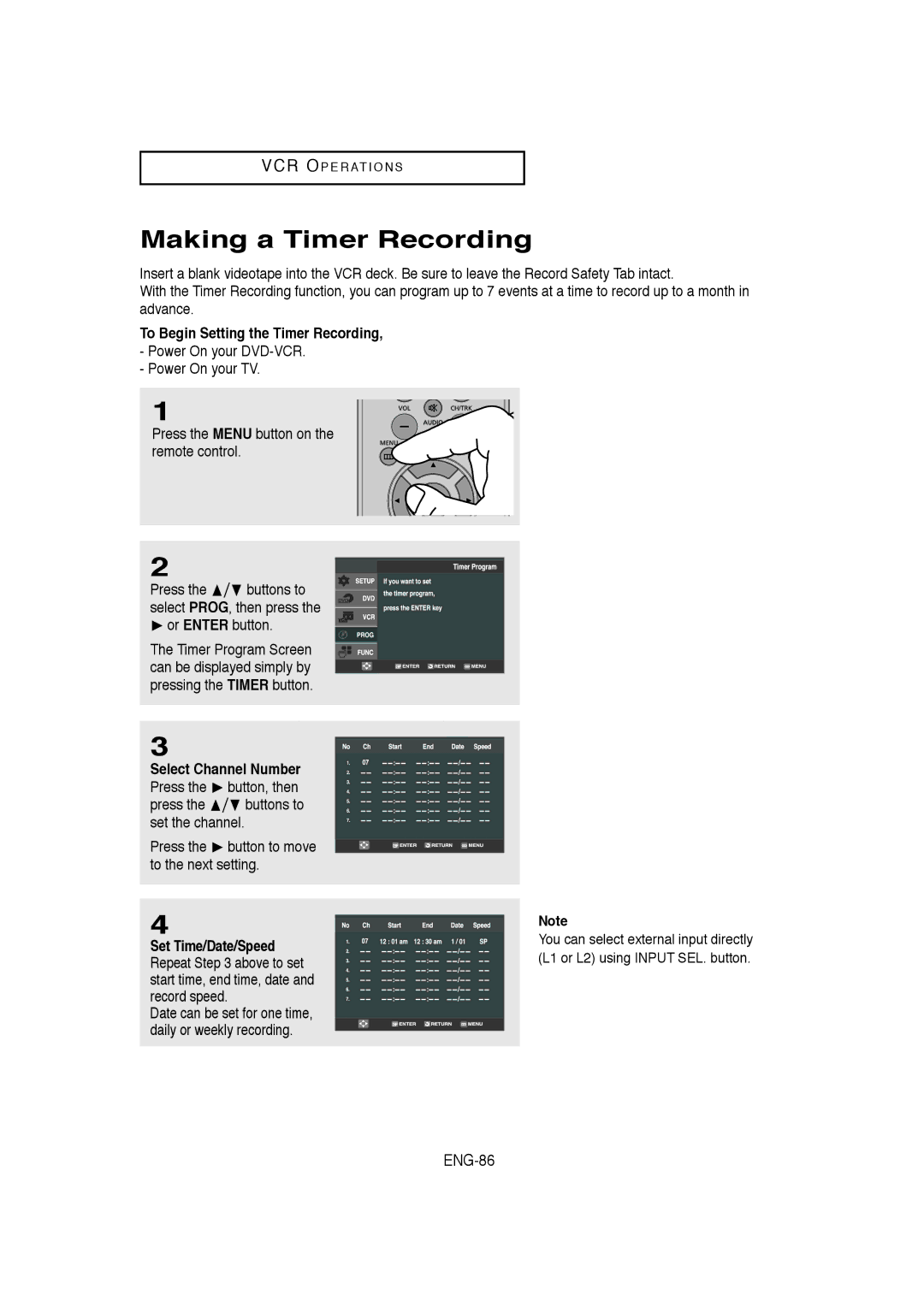 Samsung AK68-00956L/01 Making a Timer Recording, ENG-86, To Begin Setting the Timer Recording, Select Channel Number 