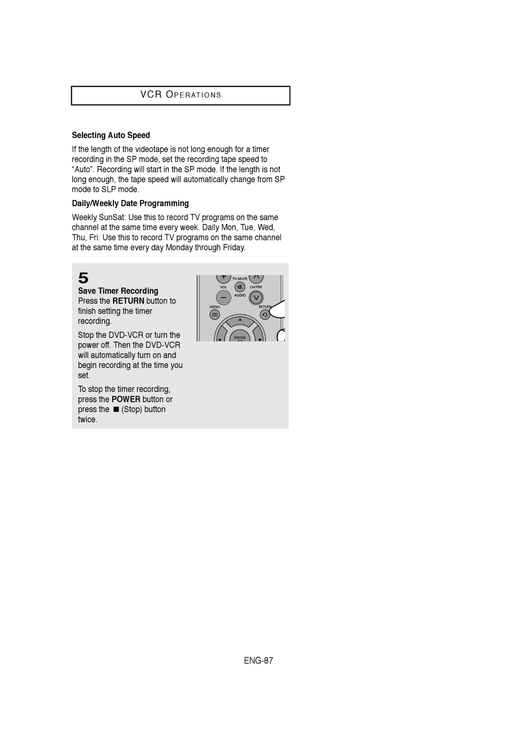 Samsung V9650-XAC, 20060509084435281, AK68-00956L/01 ENG-87, Selecting Auto Speed, Daily/Weekly Date Programming 