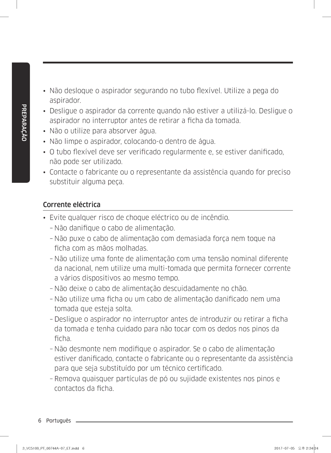 Samsung VC05K51H0VD/ET, VC05K51F0VP/ET, VC07K51H0VD/ET, VC07K51G0HG/ET, VC05K51E0VB/ET, VC04K51G0HG/ET manual Preparação 