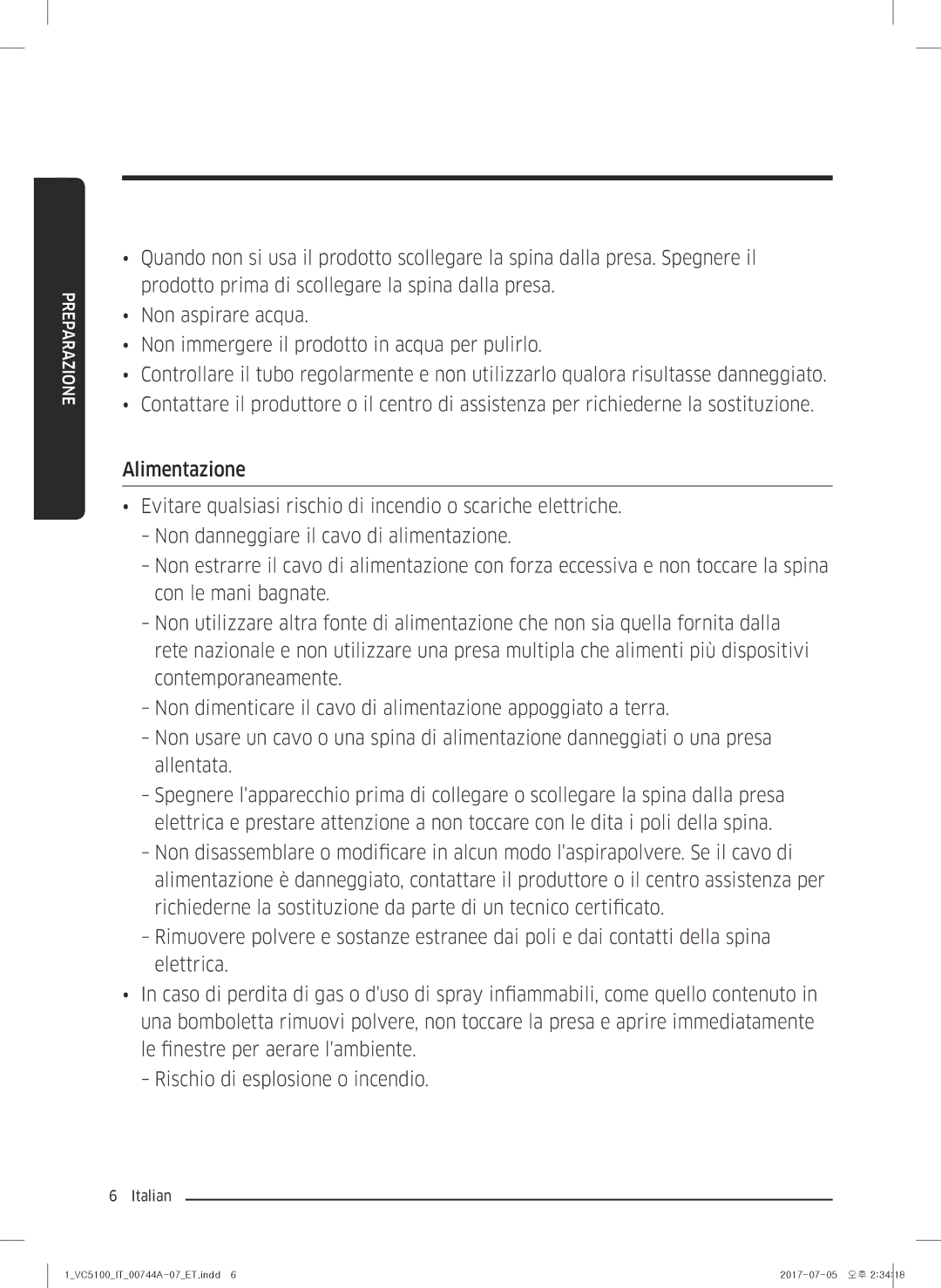 Samsung VC07K51F0VP/ET, VC05K51F0VP/ET, VC07K51H0VD/ET, VC07K51G0HG/ET, VC05K51E0VB/ET, VC04K51G0HG/ET manual Preparazione 