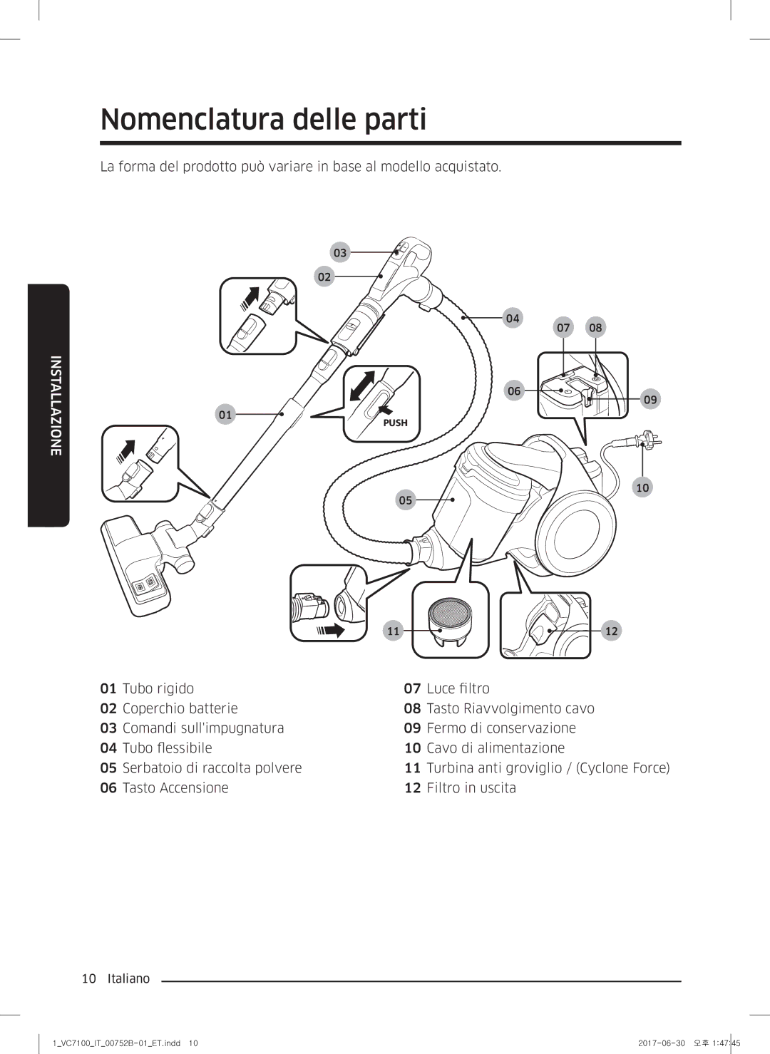 Samsung VC05K71F0HB/ET, VC04K71G0HC/ET manual Nomenclatura delle parti, Installazione 