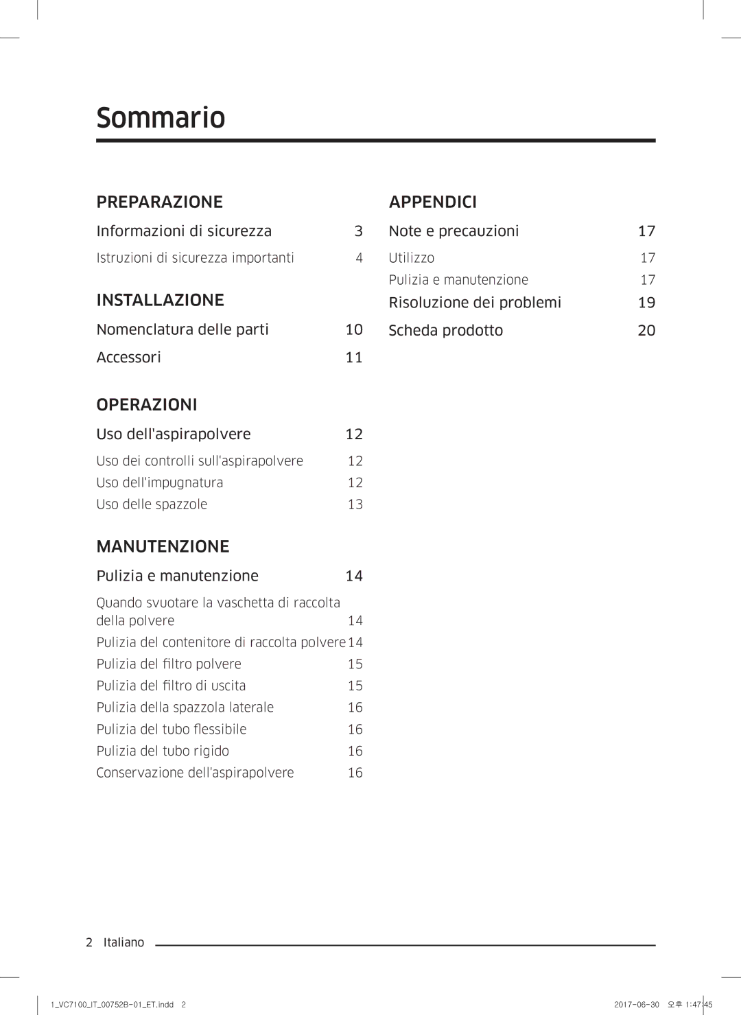 Samsung VC05K71F0HB/ET, VC04K71G0HC/ET manual Sommario, Preparazione Appendici 