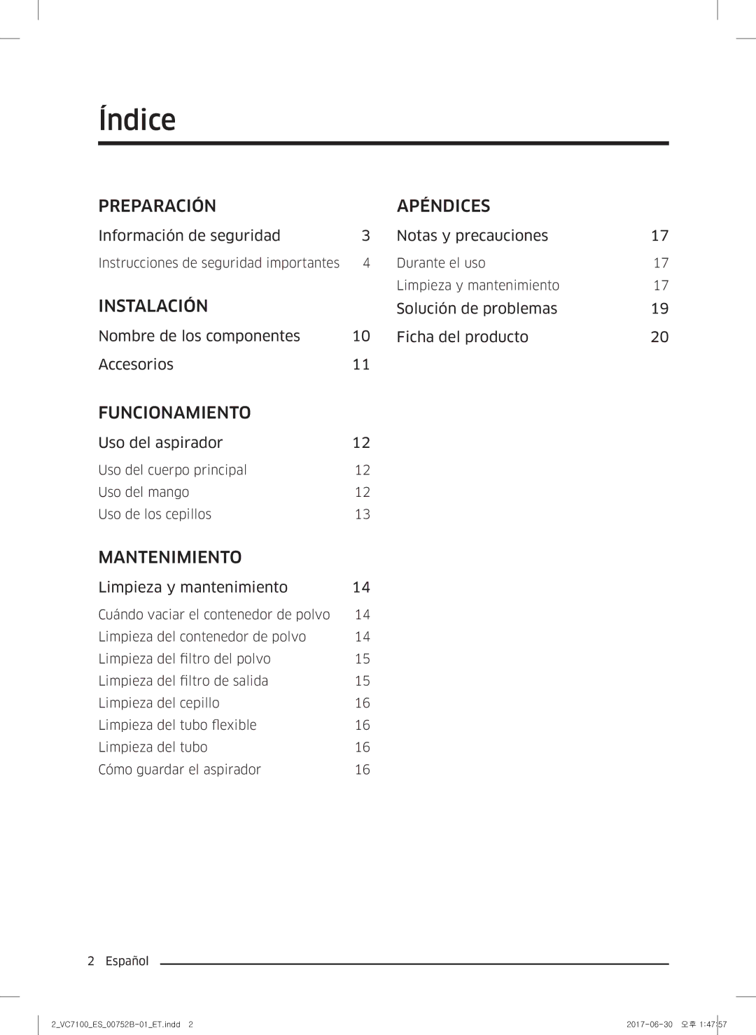 Samsung VC05K71F0HB/ET, VC04K71G0HC/ET manual Índice, Preparación Apéndices 