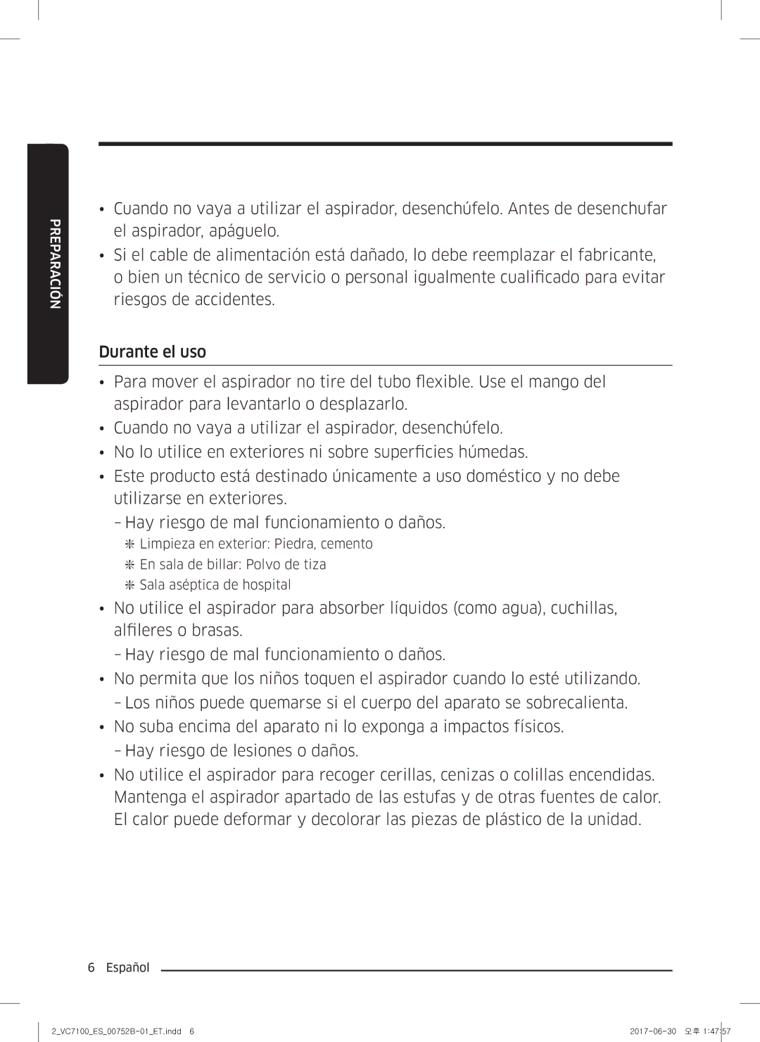 Samsung VC05K71F0HB/ET, VC04K71G0HC/ET manual Preparación 