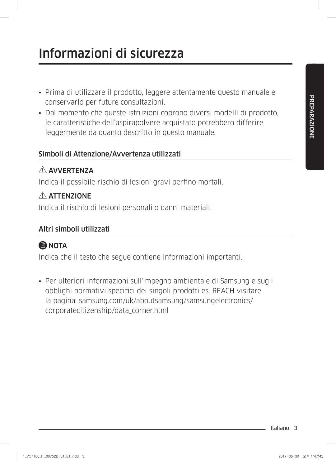 Samsung VC04K71G0HC/ET, VC05K71F0HB/ET manual Informazioni di sicurezza, Nota 