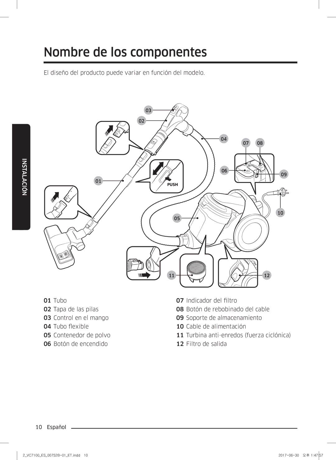 Samsung VC05K71F0HB/ET, VC04K71G0HC/ET manual Nombre de los componentes, Instalación 